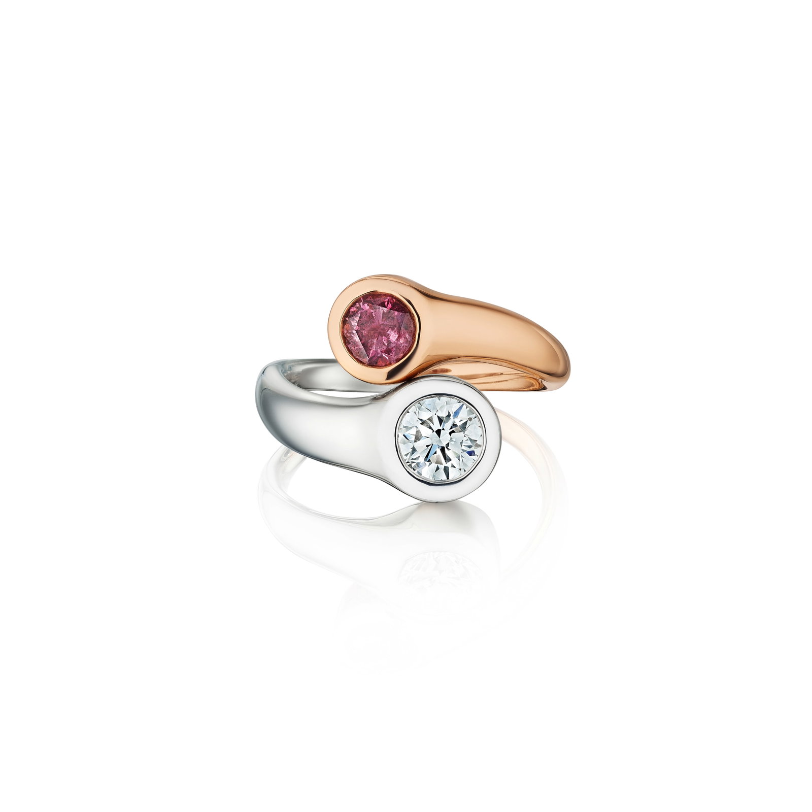 A FANCY DEEP PURPLISH PINK DIAMOND AND DIAMOND RING: A FANCY DEEP PURPLISH PINK DIAMOND AND DIAMOND RING Designed as a bypass ring, terminated by a round brilliant-cut Fancy Deep Purplish Pink diamond, weighing 0.52 carat, and a round brilliant-cut