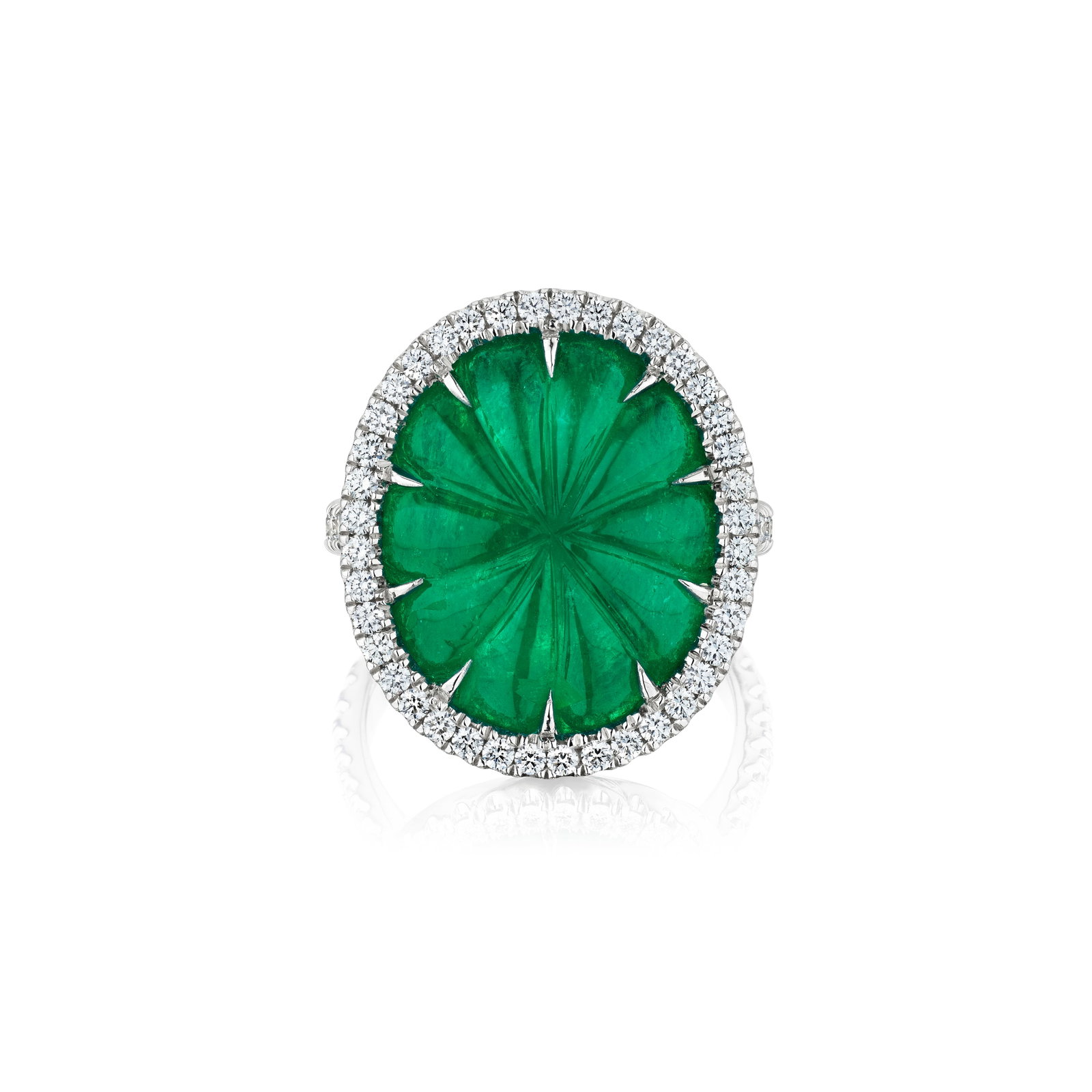 AN EMERALD AND DIAMOND RING: AN EMERALD AND DIAMOND RING Centering an oval-shaped carved emerald, weighing 12.69 carats, within a round brilliant-cut diamond-set frame; mounted in platinum; size 6½ Footnotes: Accompanied by