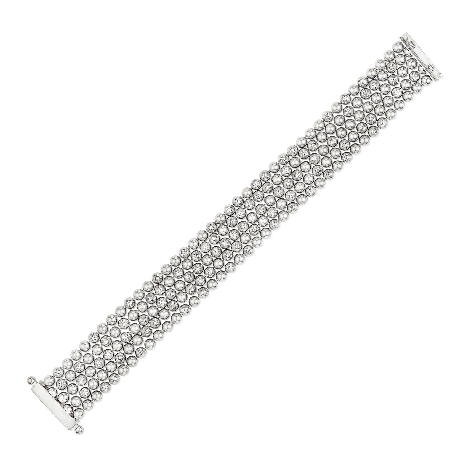 CARTIER: A DIAMOND 'PERLES DE DIAMANTS' BRACELET, FRANCE: CARTIER: A DIAMOND 'PERLES DE DIAMANTS' BRACELET, FRANCE Comprising five rows of white gold beads, accented by round brilliant-cut diamonds; signed Cartier, no. 824809; with maker's mark and French