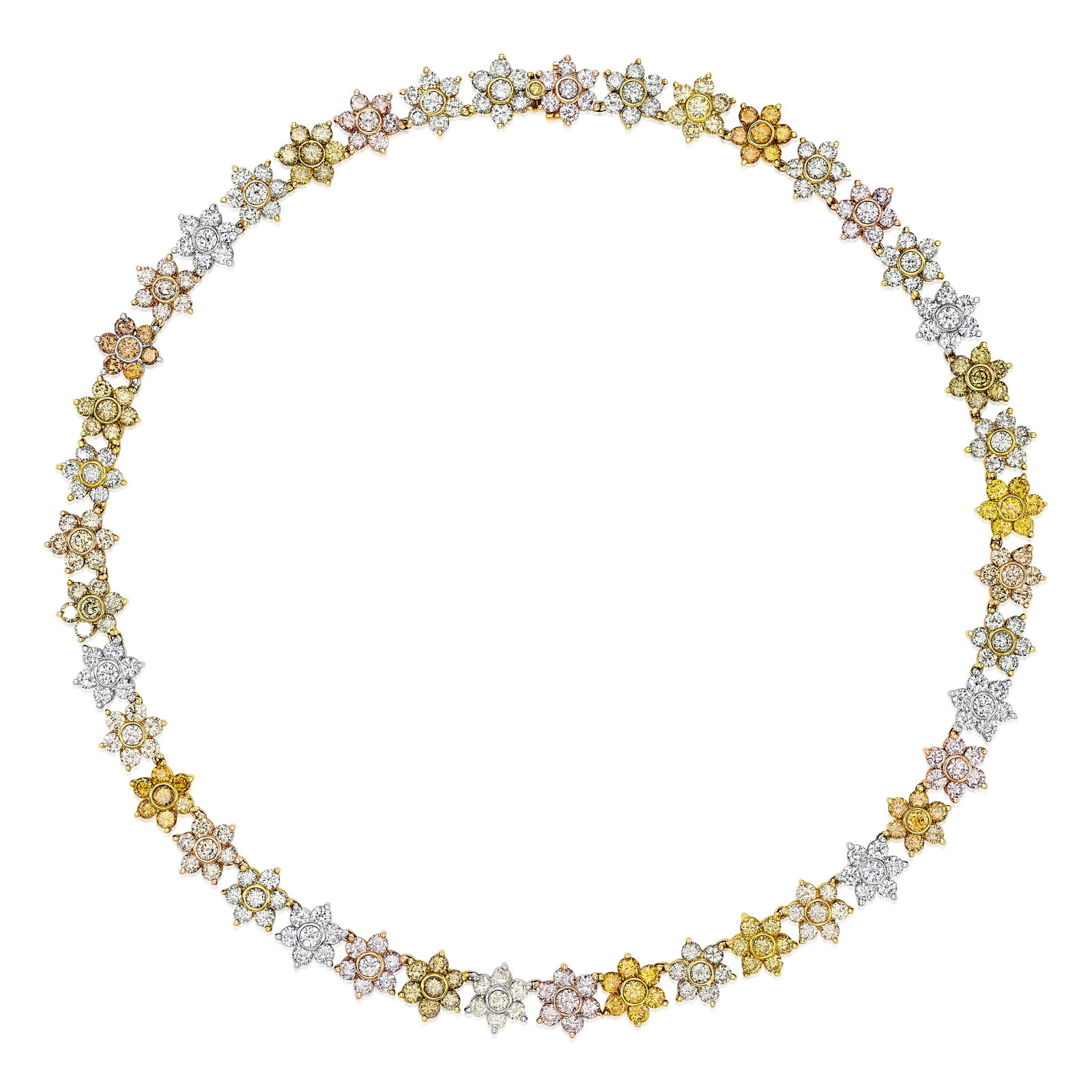 A COLORED DIAMOND AND DIAMOND NECKLACE: A COLORED DIAMOND AND DIAMOND NECKLACE Composed of alternating flower motifs set with round brilliant-cut diamonds and diamonds of pink, yellow, green, orange and brown tint; with maker's mark;