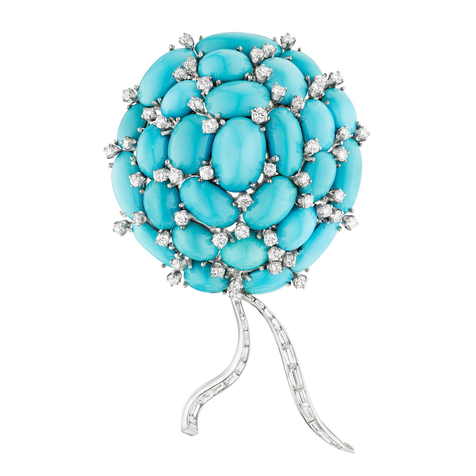 A TURQUOISE AND DIAMOND BROOCH: A TURQUOISE AND DIAMOND BROOCH Centering a cluster of oval-shaped cabochon turquoises, accented by round brilliant and baguette-cut diamonds; estimated total diamond weight 4.60 carats; mounted in