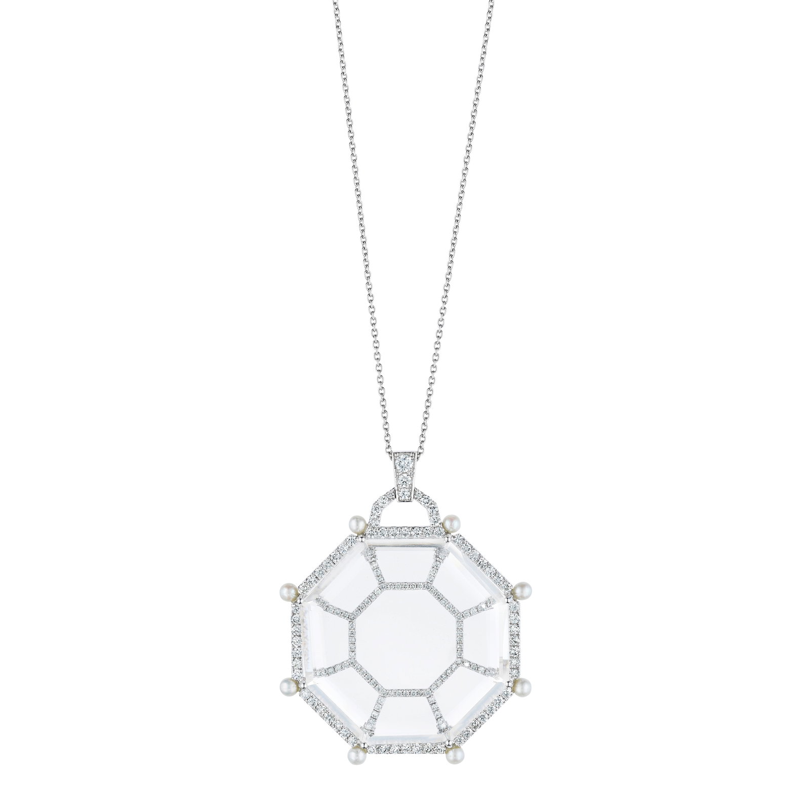A ROCK CRYSTAL, CULTURED PEARL AND DIAMOND NECKLACE: A ROCK CRYSTAL, CULTURED PEARL AND DIAMOND NECKLACE Centering a piece of octagonal rock crystal, within a round brilliant-cut diamond-set frame with cultured pearl accents; with maker's mark;
