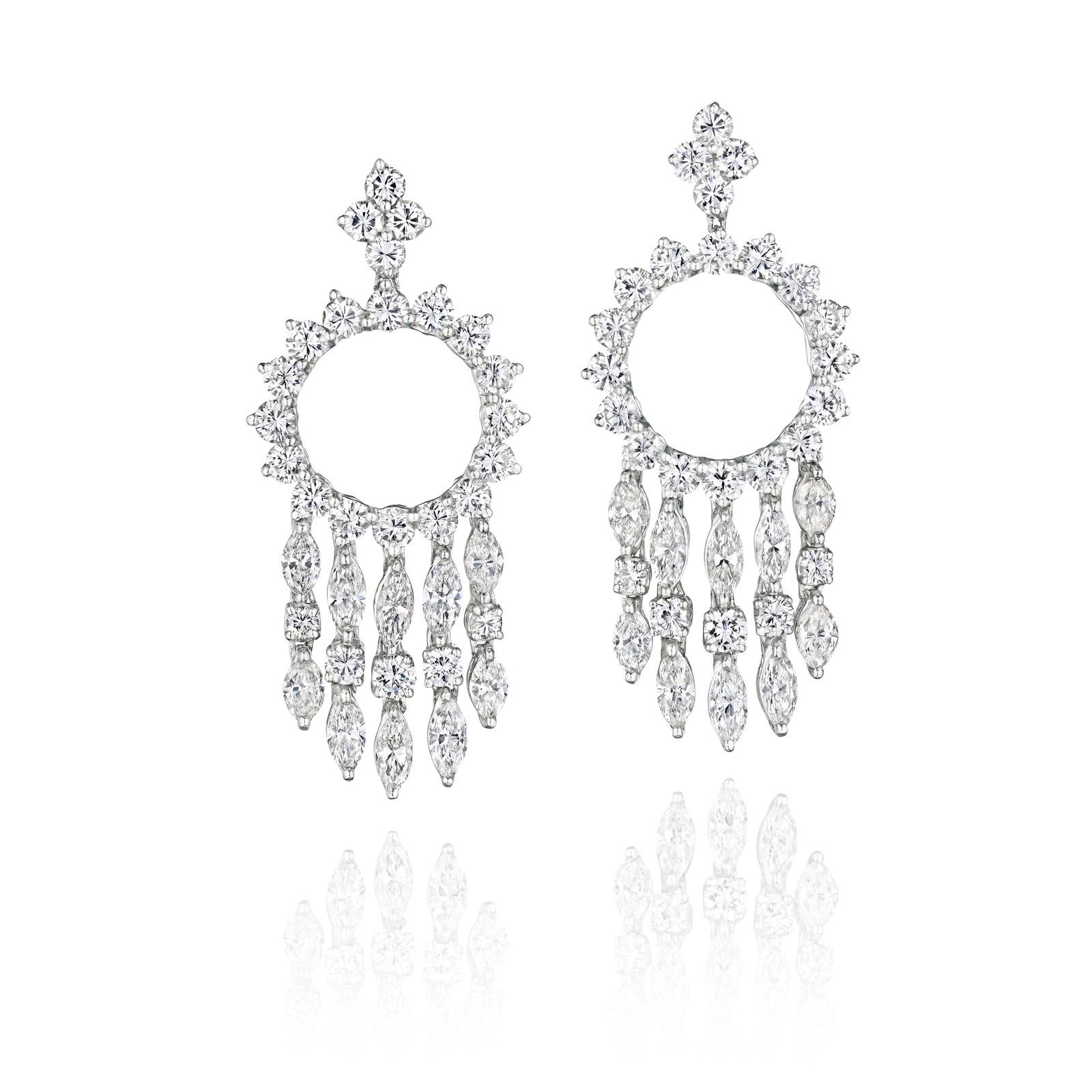 A PAIR OF DIAMOND EARRINGS: A PAIR OF DIAMOND EARRINGS Each centering a circle motif set with round brilliant-cut diamonds, suspending five tassels of marquise-shaped and round brilliant-cut diamonds; estimated total diamond