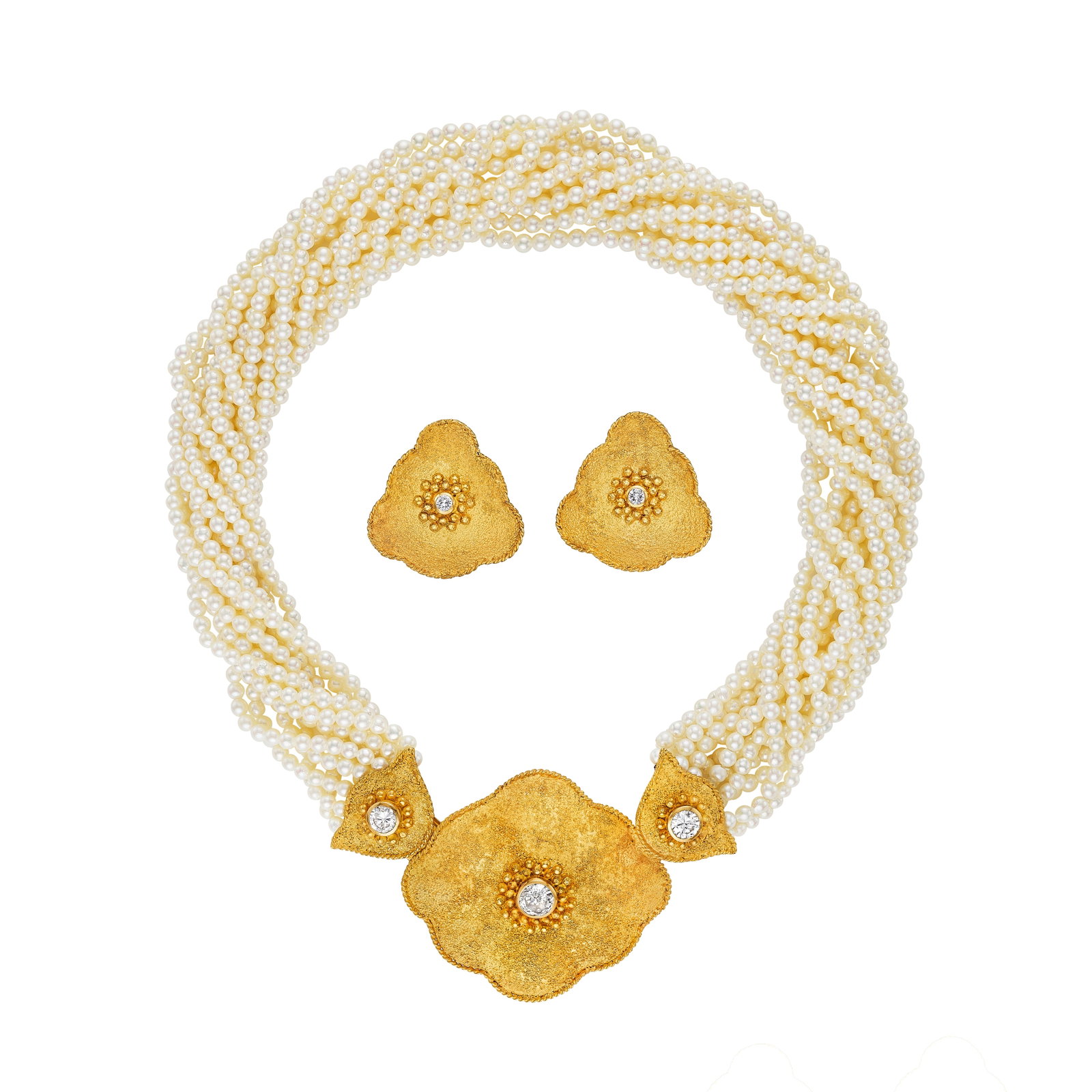 A DIAMOND AND CULTURED PEARL NECKLACE AND EARRING SET: A DIAMOND AND CULTURED PEARL NECKLACE AND EARRING SET The necklace centering three round brilliant-cut diamonds within textured gold panels, to a torsade necklace of cultured pearls, measuring