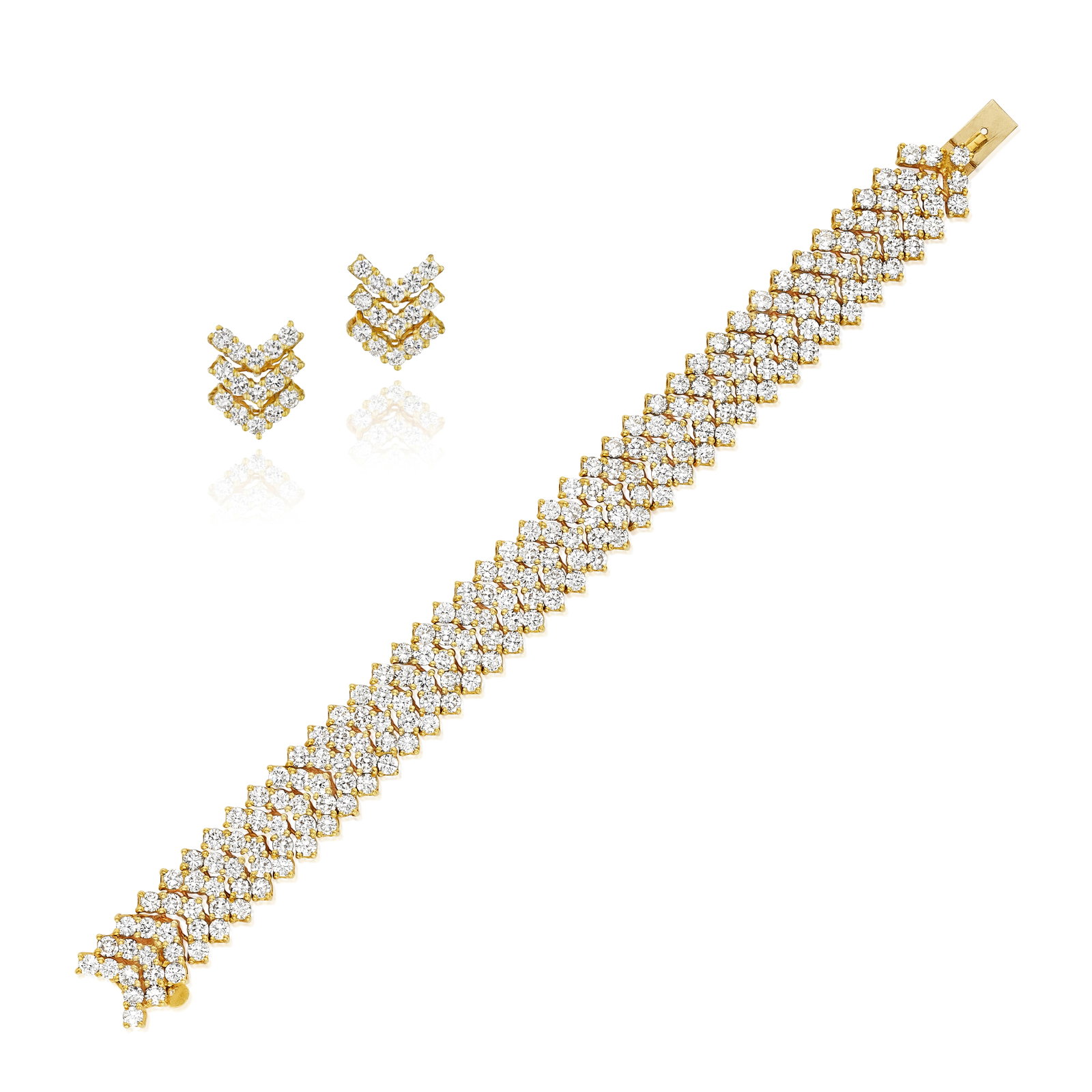 A DIAMOND BRACELET AND EARRINGS SET: A DIAMOND BRACELET AND EARRINGS SET The bracelet composed of five rows of round brilliant-cut diamonds, the earrings of similar design; with maker's mark; with personal inscriptions; estimated total