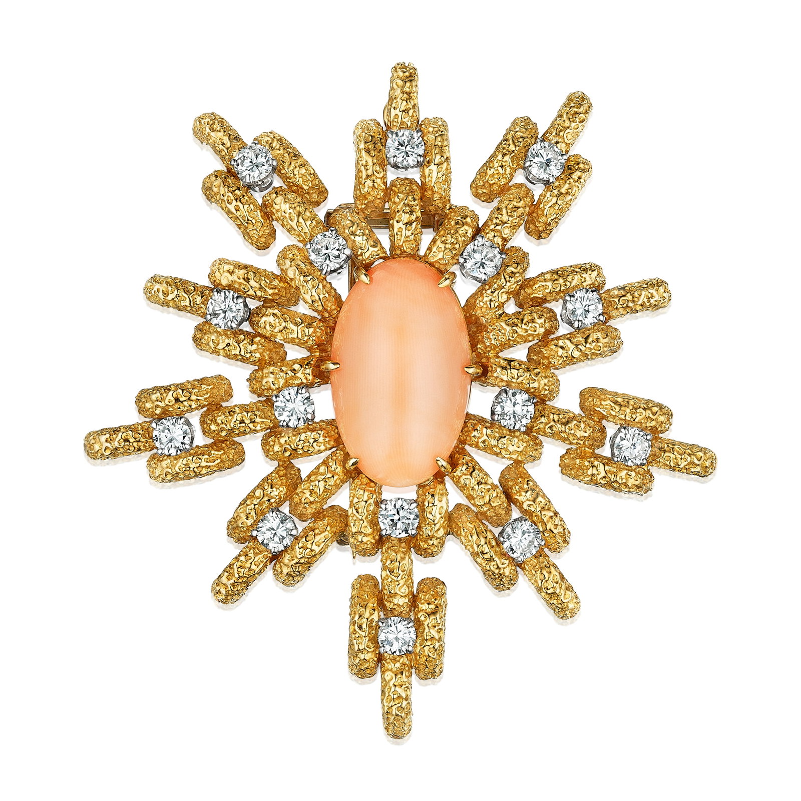 VAN CLEEF & ARPELS: A CORAL AND DIAMOND BROOCH: VAN CLEEF & ARPELS: A CORAL AND DIAMOND BROOCH Centering an oval-shaped cabochon coral, within a textured gold surround of link motif, with round brilliant-cut diamond accents; equipped with a