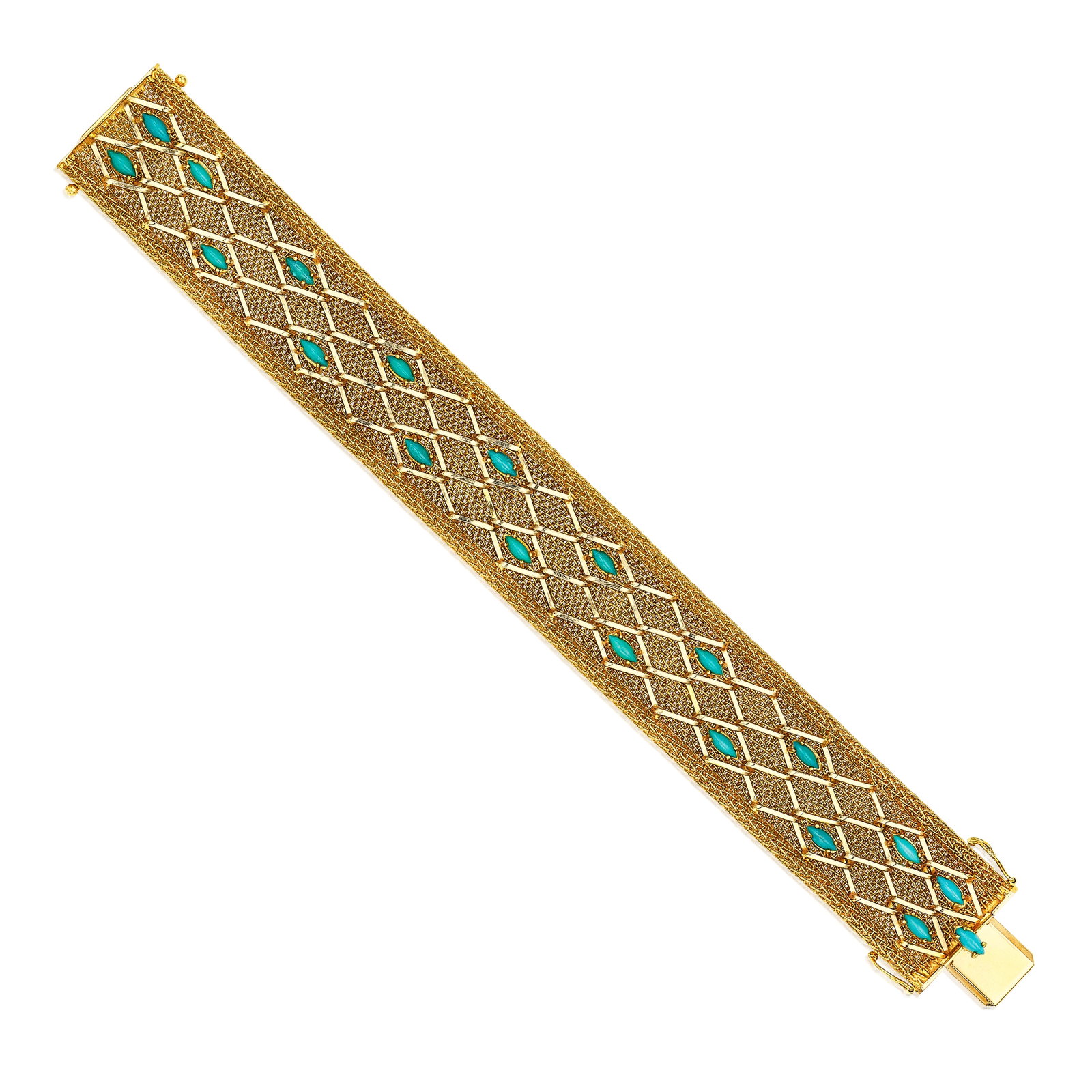 A TURQUOISE BRACELET, ITALY, CIRCA 1960: A TURQUOISE BRACELET, ITALY, CIRCA 1960 Composed of woven gold, accented by marquise-shaped cabochon turquoises; with maker's mark and Italian Registered Trademark; mounted in 18K gold; gross