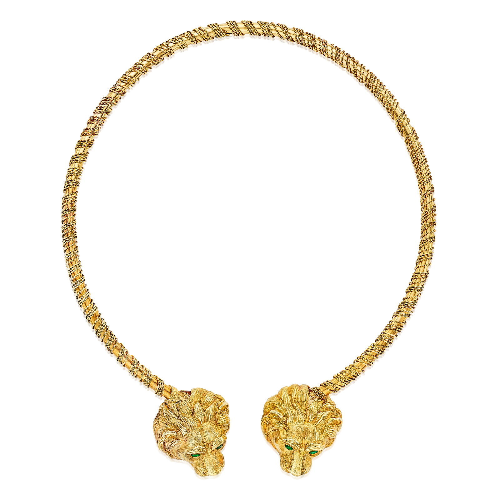 VAN CLEEF & ARPELS: AN 18K GOLD NECKLACE: VAN CLEEF & ARPELS: AN 18K GOLD NECKLACE Designed as a flexible collar terminated by two lion heads with emerald eyes; signed VCA NY, no. 4V404-3; mounted in 18K gold; gross approximate weight 59.8