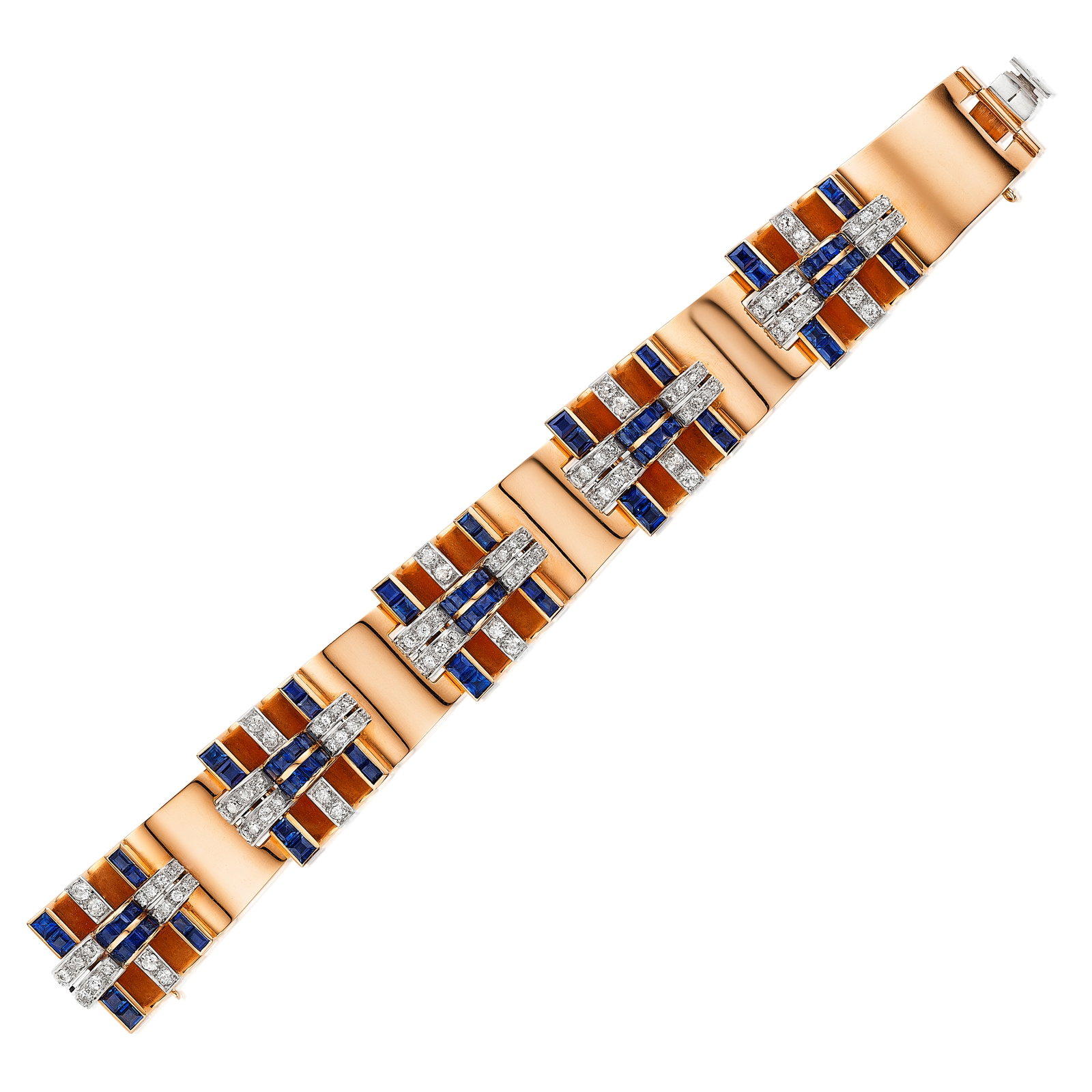 A RETRO SAPPHIRE AND DIAMOND BRACELET, CIRCA 1940: A RETRO SAPPHIRE AND DIAMOND BRACELET, CIRCA 1940 Composed of repeating geometric links, accented by baguette-cut sapphires, old European and single-cut diamonds; estimated total sapphire weight