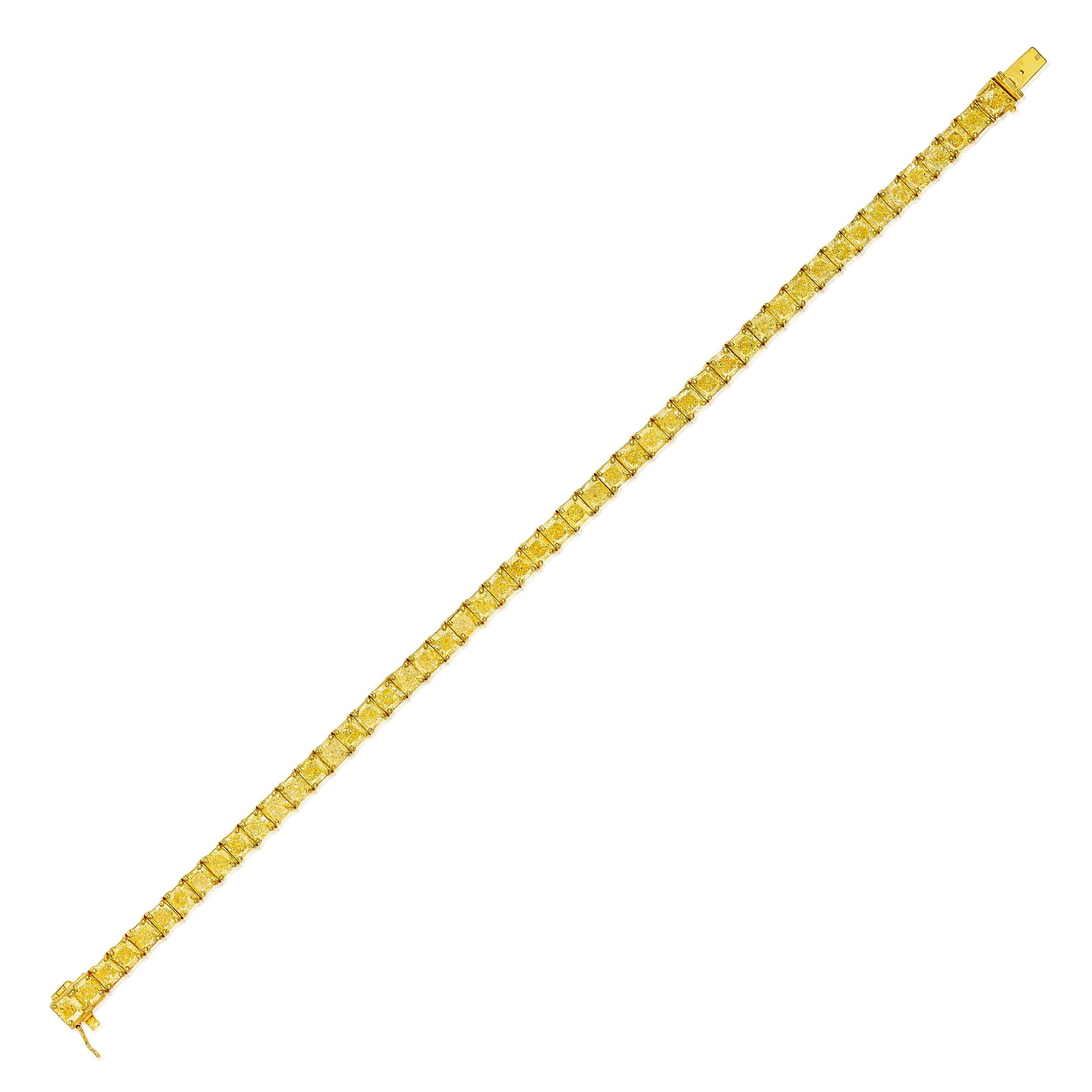 A COLORED DIAMOND BRACELET: A COLORED DIAMOND BRACELET Designed as a row of cushion-cut diamonds of yellow tint; estimated total colored diamond weight 26.50 carats; mounted in 18K gold; length 9 in Footnotes: Accompanied by