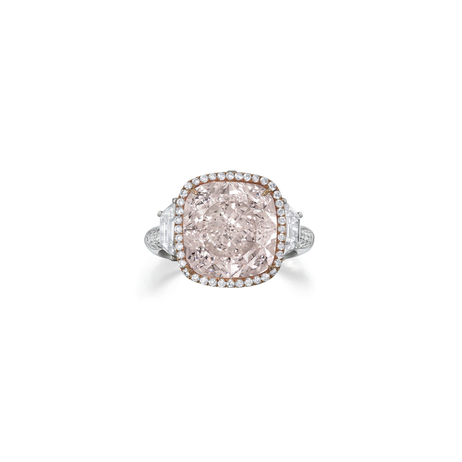 A FAINT PINK DIAMOND AND DIAMOND RING: A FAINT PINK DIAMOND AND DIAMOND RING Centering a cushion-cut Faint Pink diamond, weighing 8.23 carats, flanked by two trapezoid-shaped diamonds, further accented by round brilliant-cut diamonds and