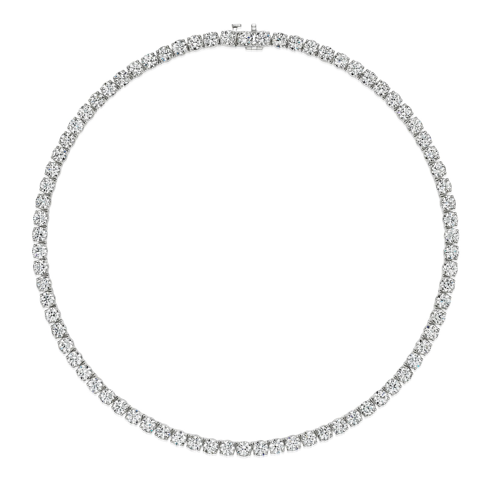 A DIAMOND NECKLACE: A DIAMOND NECKLACE Designed as a row of round brilliant-cut diamonds, weighing 29.34 carats; mounted in 18K white gold; length 16 in Footnotes: Accompanied by seventy-eight GIA reports stating that