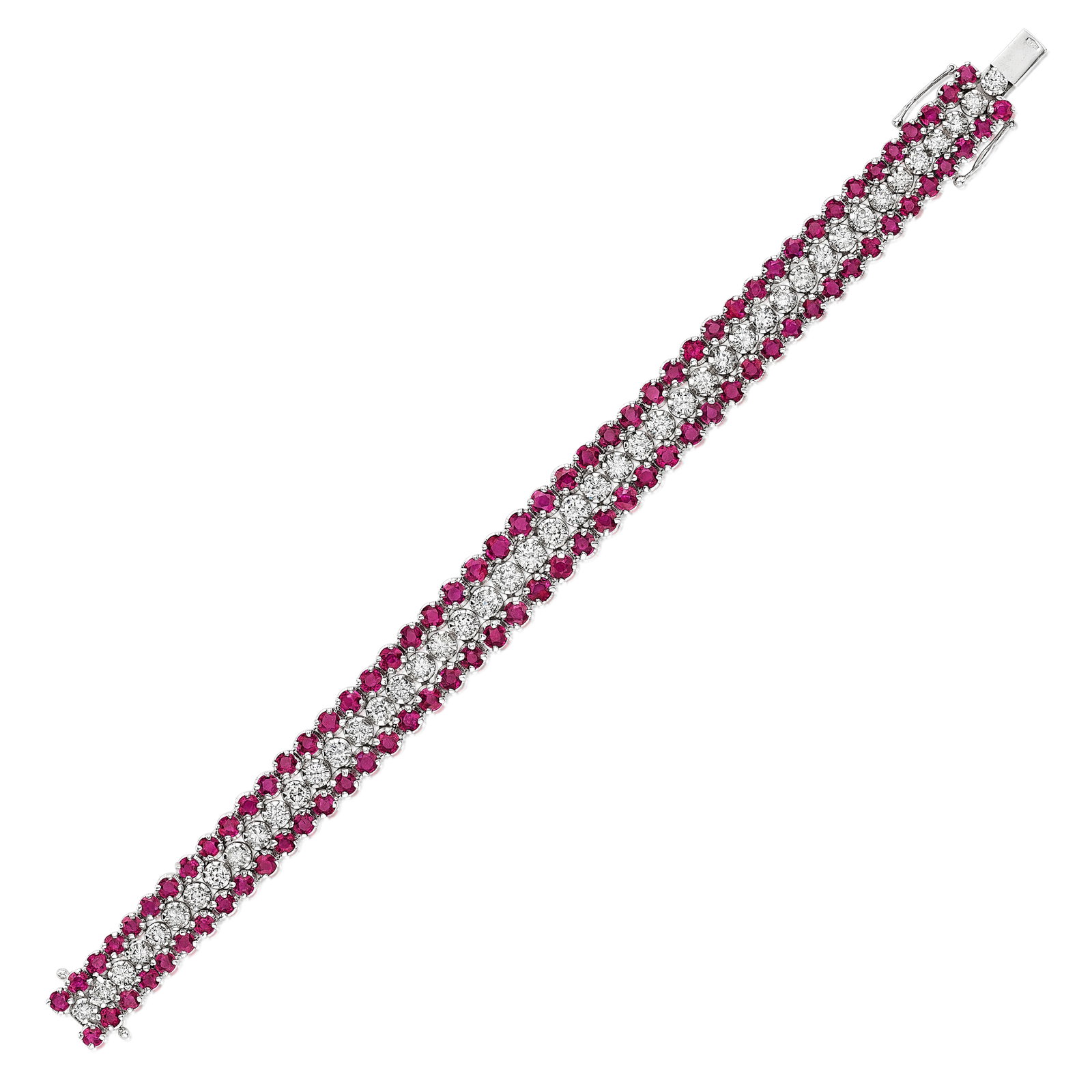 A RUBY AND DIAMOND BRACELET: A RUBY AND DIAMOND BRACELET Designed as a row of graduated round brilliant-cut diamonds within round ruby borders; estimated total diamond weight 6.20 carats; estimated total ruby weight 10.45