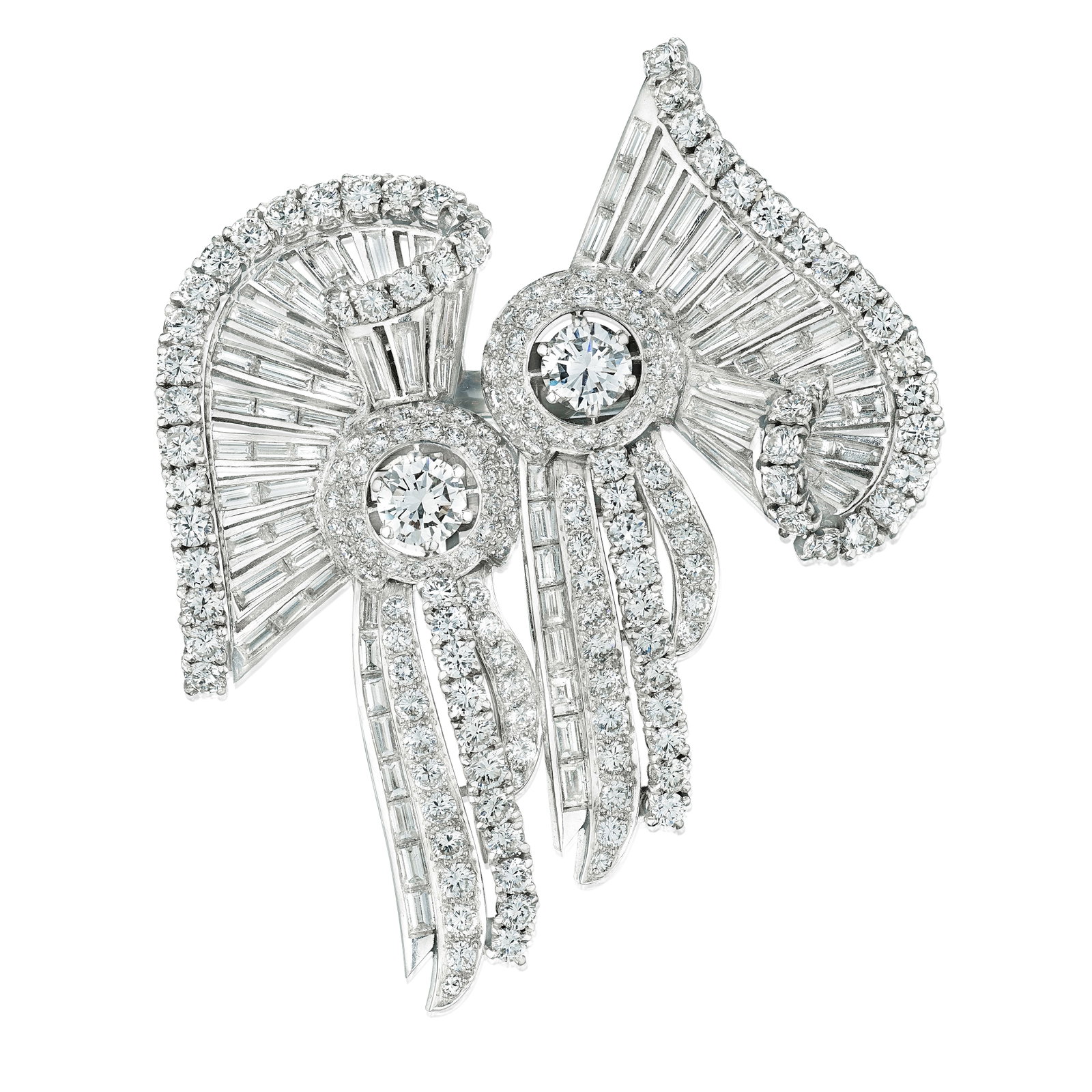A DIAMOND BROOCH/DOUBLE CLIPS/PENDANT, CIRCA 1950: A DIAMOND BROOCH/DOUBLE CLIPS/PENDANT, CIRCA 1950 Designed as an asymmetrical bow, centering two round brilliant-cut diamonds, within a surround of round brilliant and baguette-cut diamonds;