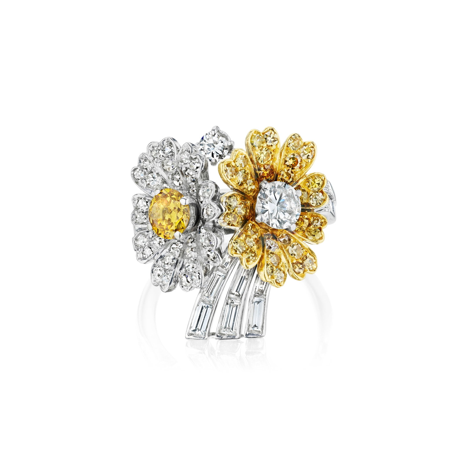 A COLORED DIAMOND AND DIAMOND RNG: A COLORED DIAMOND AND DIAMOND RNG Centering two daisy motifs, set with round brilliant and single-cut diamond and diamond of yellow tint, accented by baguette and round brilliant-cut diamonds;