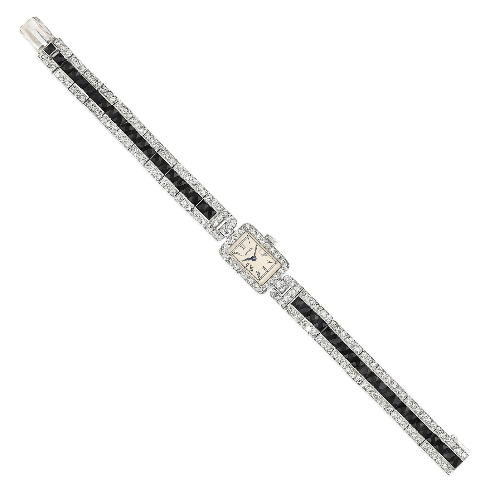 CARTIER AND EUROPEAN WATCH & CLOCK CO.: AN ONYX AND DIAMOND WATCH, FRANCE: CARTIER AND EUROPEAN WATCH & CLOCK CO.: AN ONYX AND DIAMOND WATCH, FRANCE With manual movement, the rectangular dial set with Roman numerals, and the bezel set with single and circular-cut diamonds,