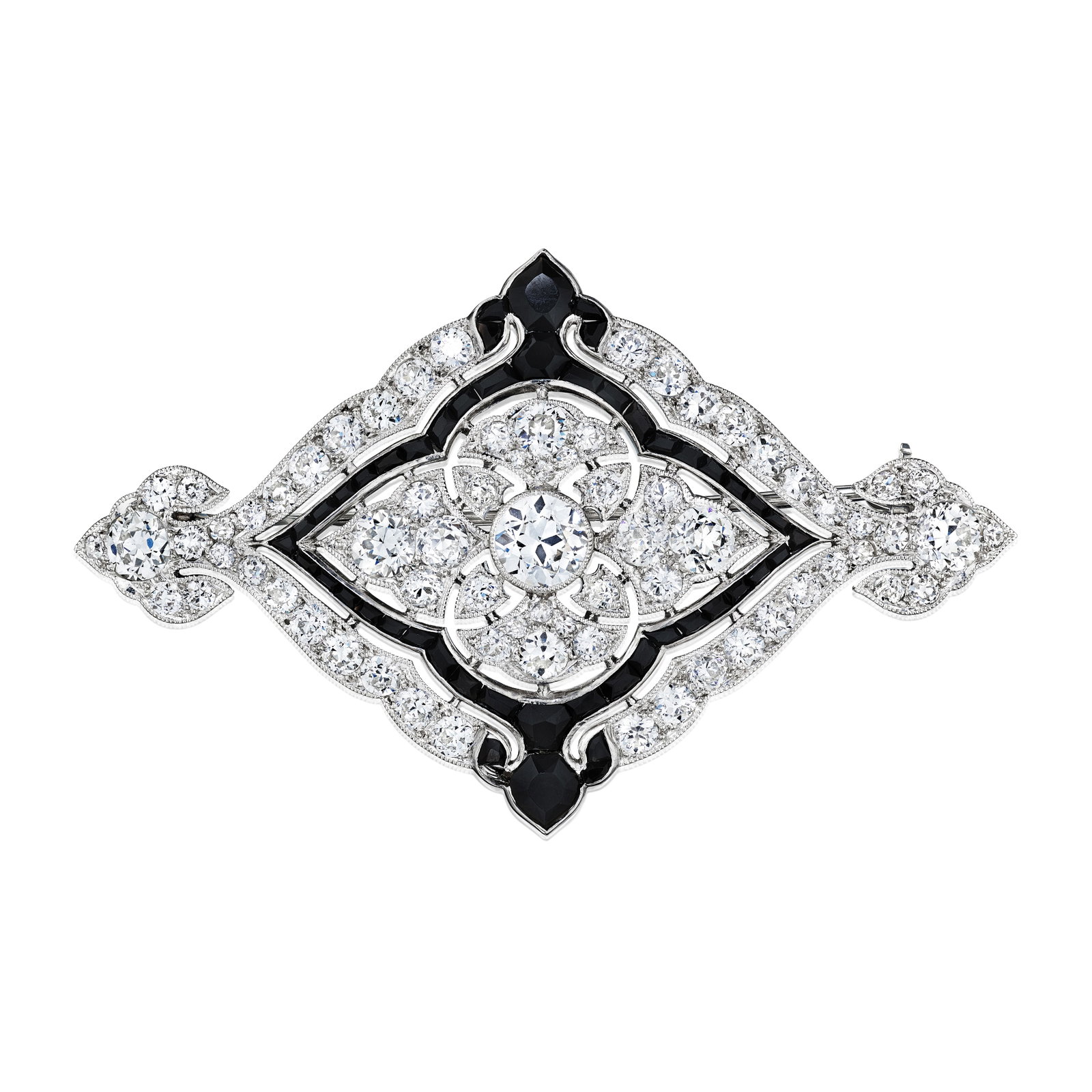 CARTIER: AN ONYX AND DIAMOND BROOCH, FRANCE, CIRCA 1930: CARTIER: AN ONYX AND DIAMOND BROOCH, FRANCE, CIRCA 1930 Centering an old European-cut diamond, within an openwork panel set with old European-cut diamonds with onyx accents; signed CARTIER PARIS and
