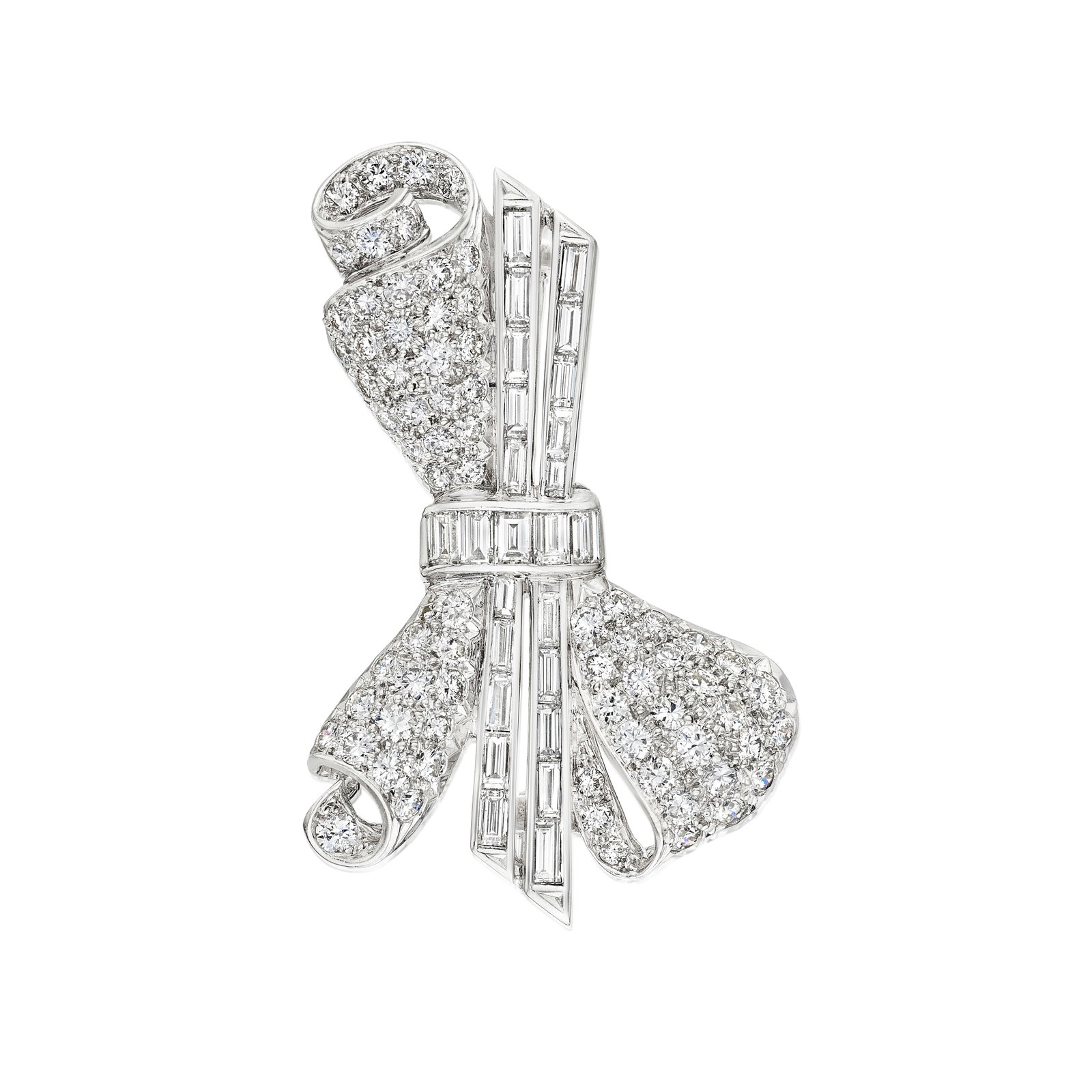 CARTIER: A DIAMOND BROOCH, CIRCA 1950: CARTIER: A DIAMOND BROOCH, CIRCA 1950 Of bow design, set throughout with round brilliant-cut diamonds, with baguette-cut diamond accent; signed CARTIER, no. 32-70; estimated total diamond weight 2.85