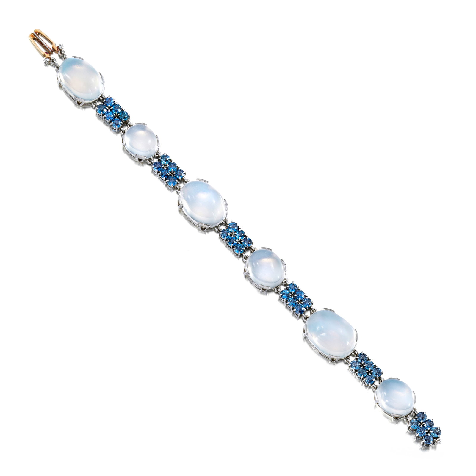 TIFFANY & CO.: A MOONSTONE AND SAPPHIRE BRACELET, CIRCA 1914-1933: TIFFANY & CO.: A MOONSTONE AND SAPPHIRE BRACELET, CIRCA 1914-1933 Centering six oval-shaped moonstones, interspersed with sections of six round sapphires; signed TIFFANY&CO., no. 4052; estimated