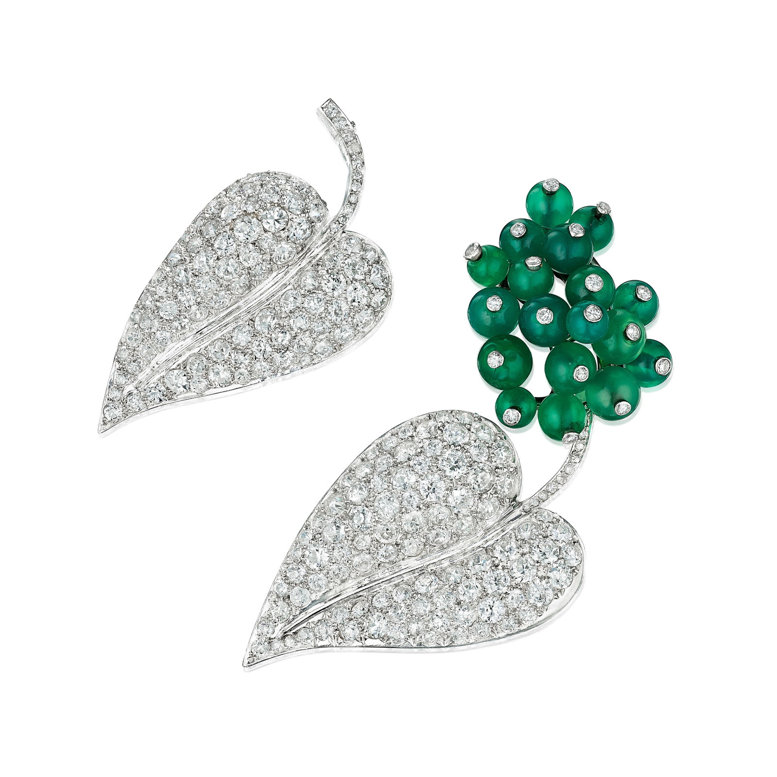 A PAIR OF CHRYSOPRASE AND DIAMOND BROOCHES, CIRCA 1950: A PAIR OF CHRYSOPRASE AND DIAMOND BROOCHES, CIRCA 1950 Comprising two brooches each designed as a leaf, set throughout with old European and single-cut diamonds, one further enhanced by a cluster of