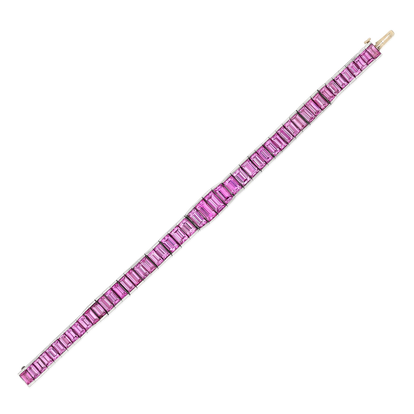 AN ART DECO PINK SAPPHIRE BRACELET, CIRCA 1930: AN ART DECO PINK SAPPHIRE BRACELET, CIRCA 1930 Composed of a row of graduated step-cut pink sapphires; estimated total colored sapphire weight 30.00 carats; mounted in platinum; length 6⅞ in