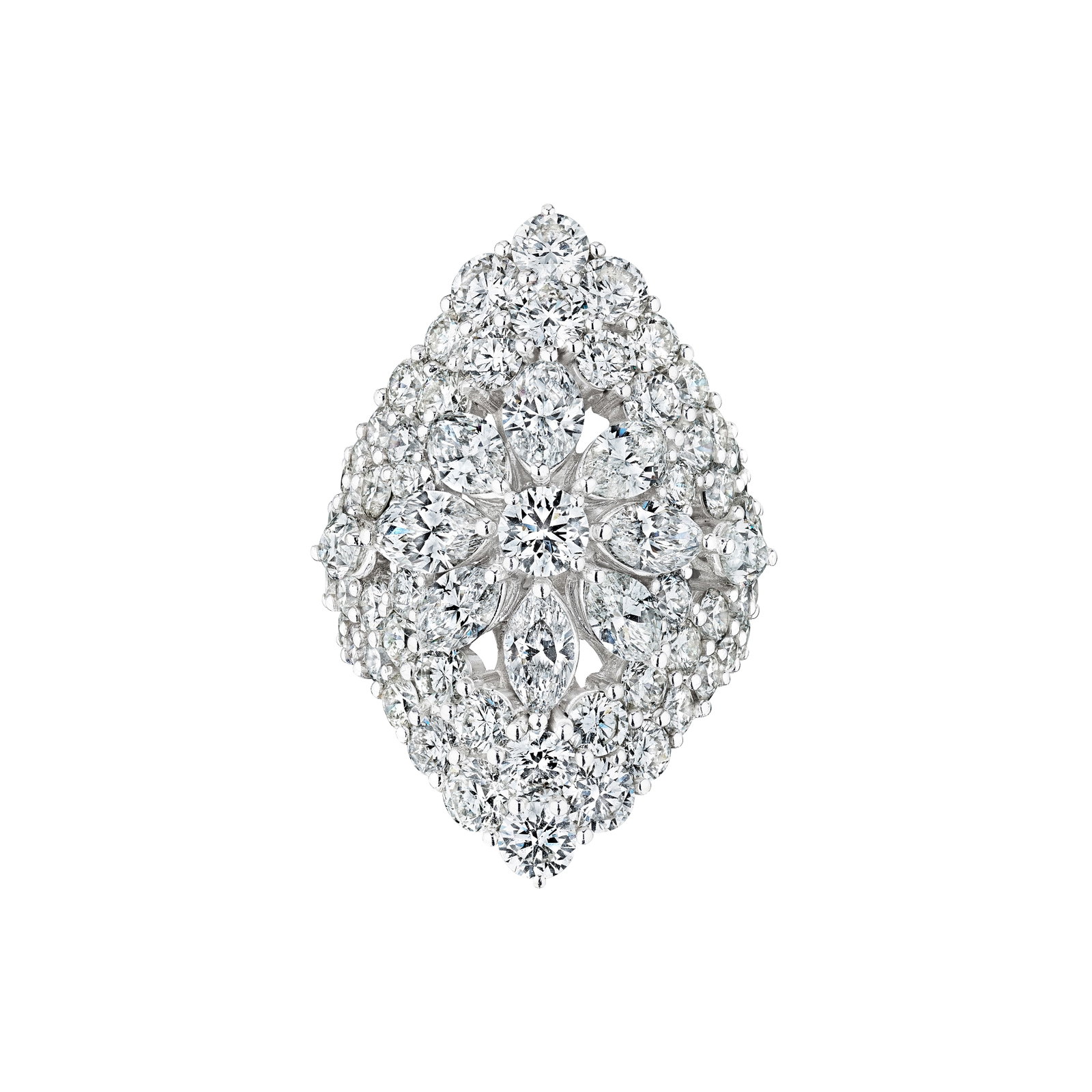 A DIAMOND RING: A DIAMOND RING Set throughout with round brilliant-cut and marquise-shaped diamonds; estimated total diamond weight 14.60 carats; mounted in 14K and 18K white gold; size 6½ Lot to be sold