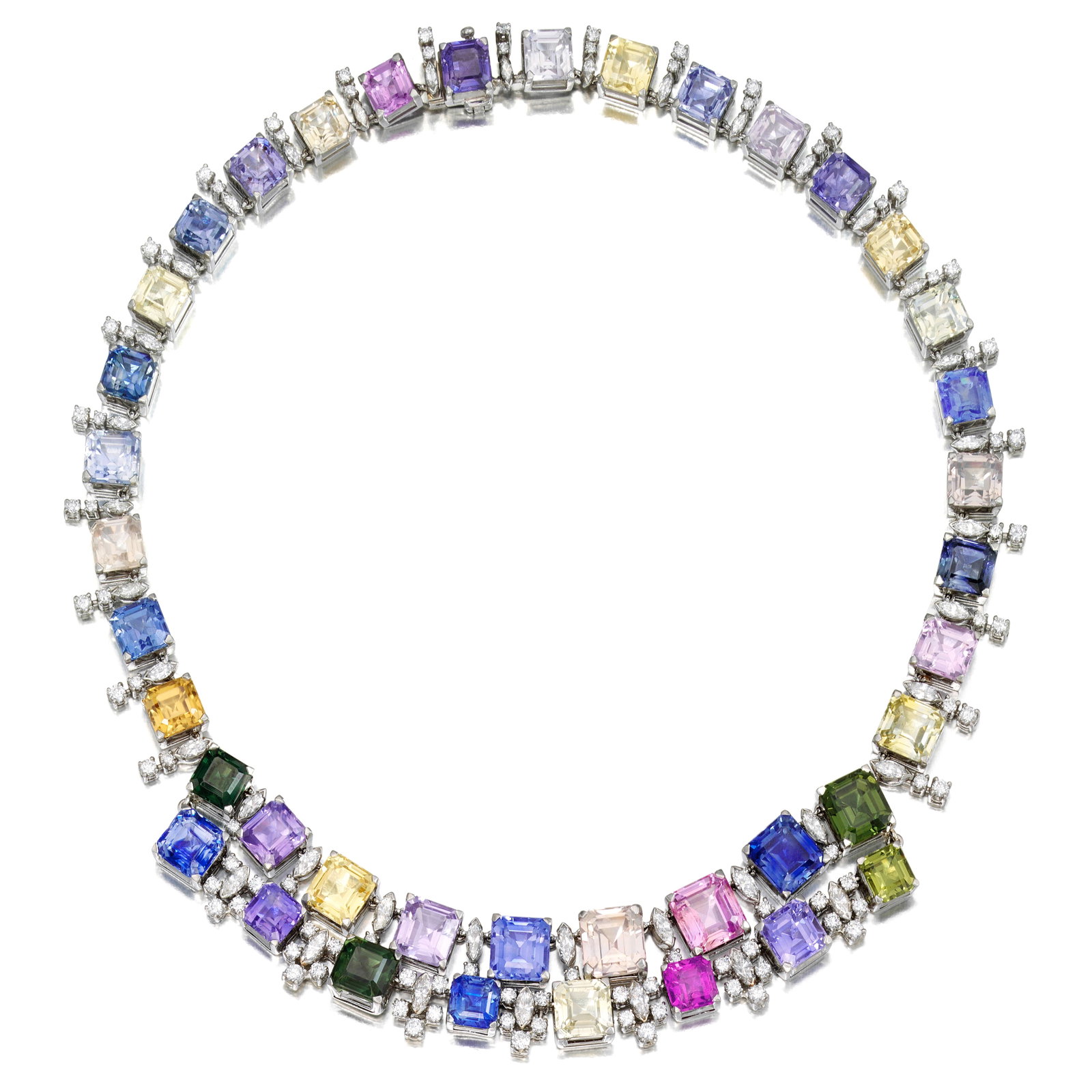 J.E. CALDWELL: A MULTICOLORED SAPPHIRE, ZIRCON AND DIAMOND NECKLACE: J.E. CALDWELL: A MULTICOLORED SAPPHIRE, ZIRCON AND DIAMOND NECKLACE Composed of graduated step-cut multicolored sapphires and a step-cut zircon with marquise-shaped and round brilliant-cut diamond