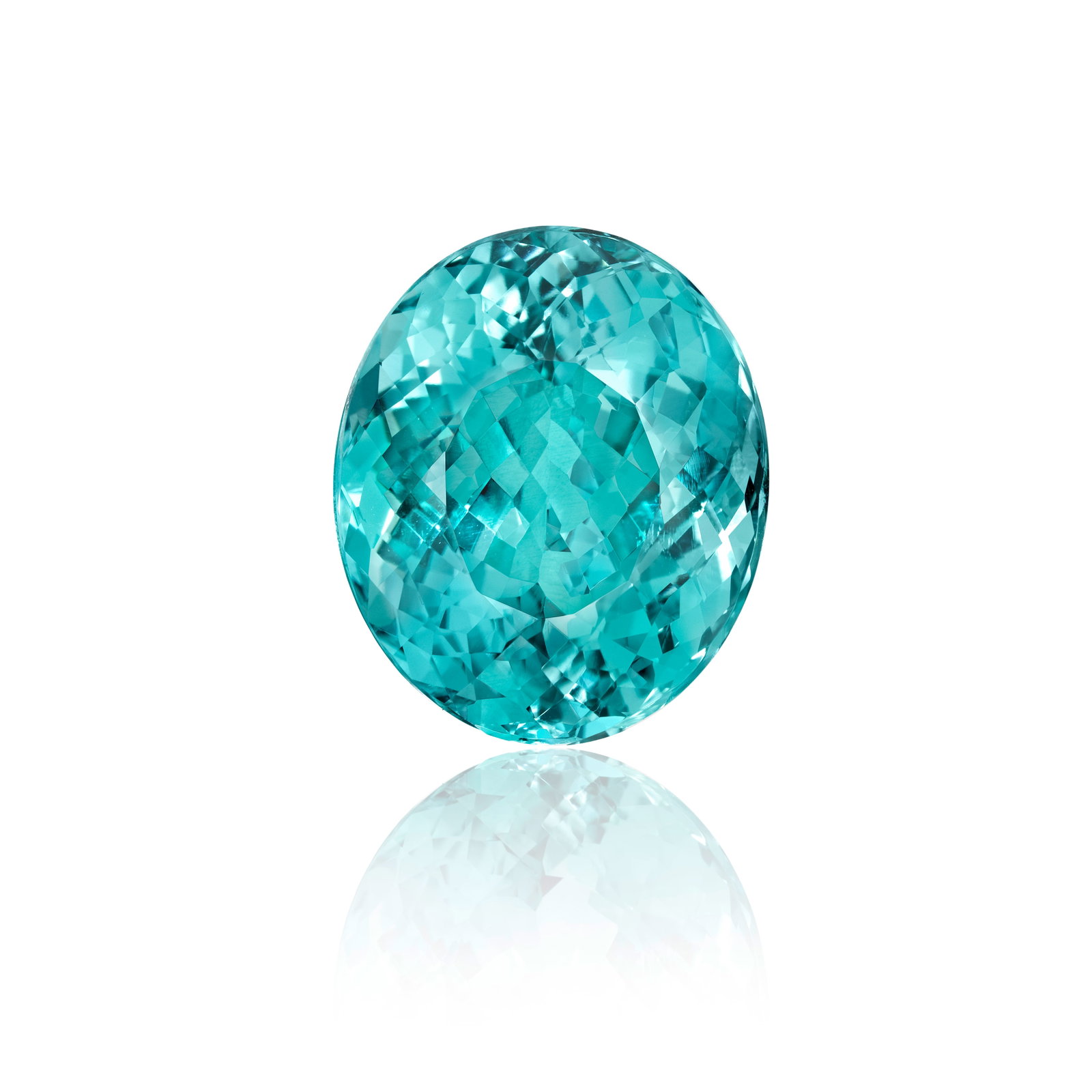 AN UNMOUNTED PARAÍBA-TYPE TOURMALINE: AN UNMOUNTED PARAÍBA-TYPE TOURMALINE An oval-shaped Paraíba-type tourmaline, weighing 30.61 carats, accompanied by a hexagonal frame to a link necklace; with maker's mark; necklace in 14K