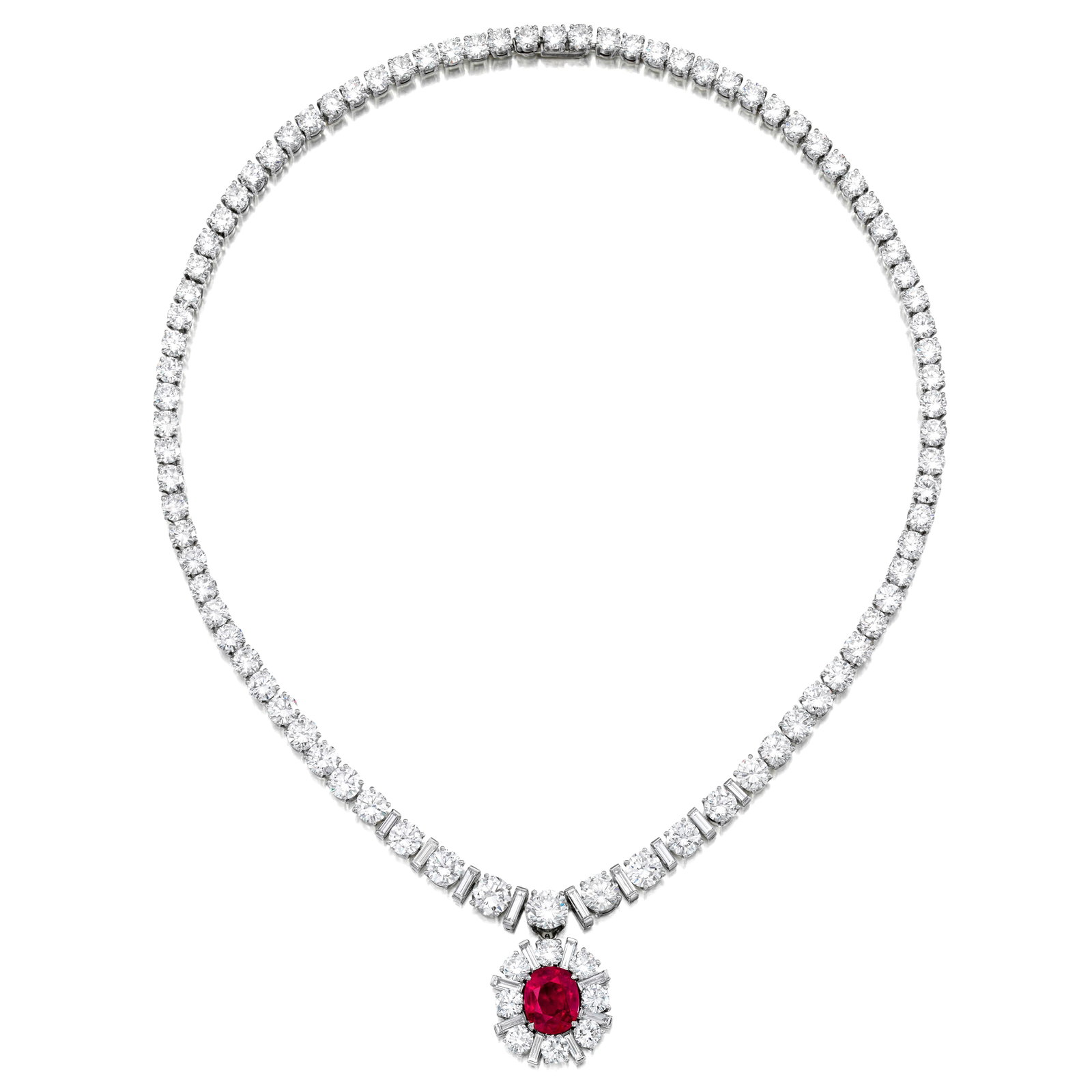 A RUBY AND DIAMOND NECKLACE: A RUBY AND DIAMOND NECKLACE Centering an oval-shaped ruby, weighing approximately 5.02 carats, within a surround of alternating baguette and round brilliant-cut diamonds, to a graduated diamond