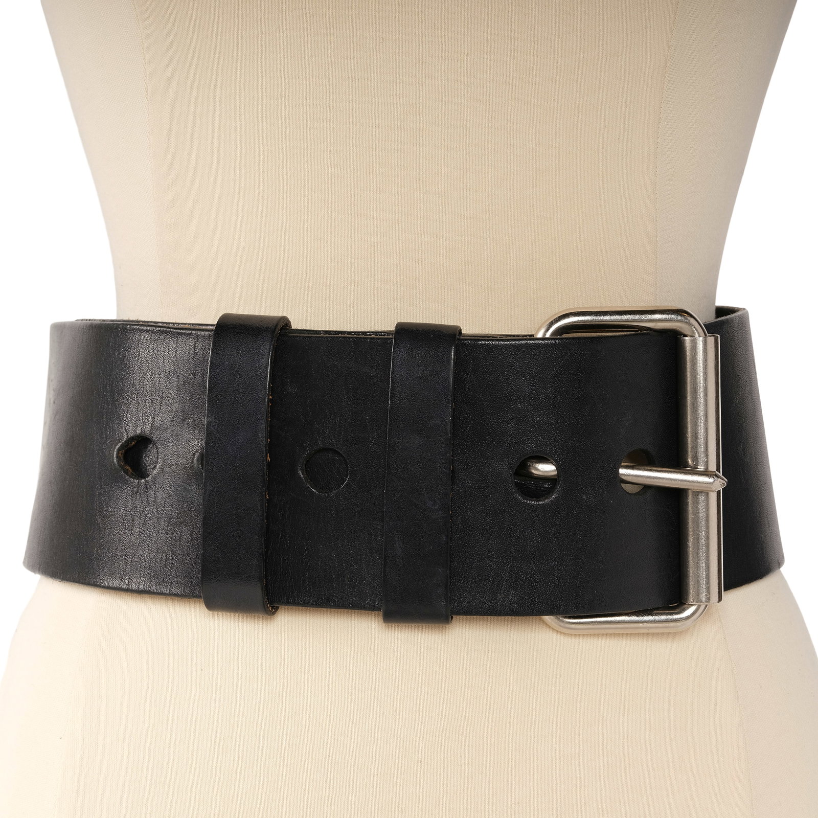 A CUSTOM BLACK LEATHER LARGE BUCKLE WIDE BELT (1 of 1)