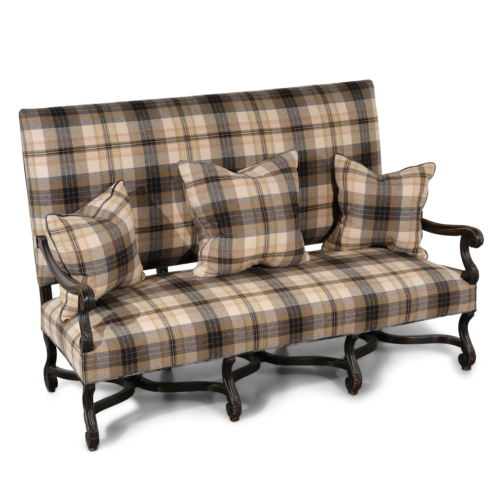 A PLAID UPHOLSTERED STAINED WOOD SETTEE: A PLAID UPHOLSTERED STAINED WOOD SETTEE height 47 1/2in; width 70in; depth 34in Footnotes: From Diane Keaton's closet in her Sullivan Canyon home. This lot is subject to the following lot symbols: