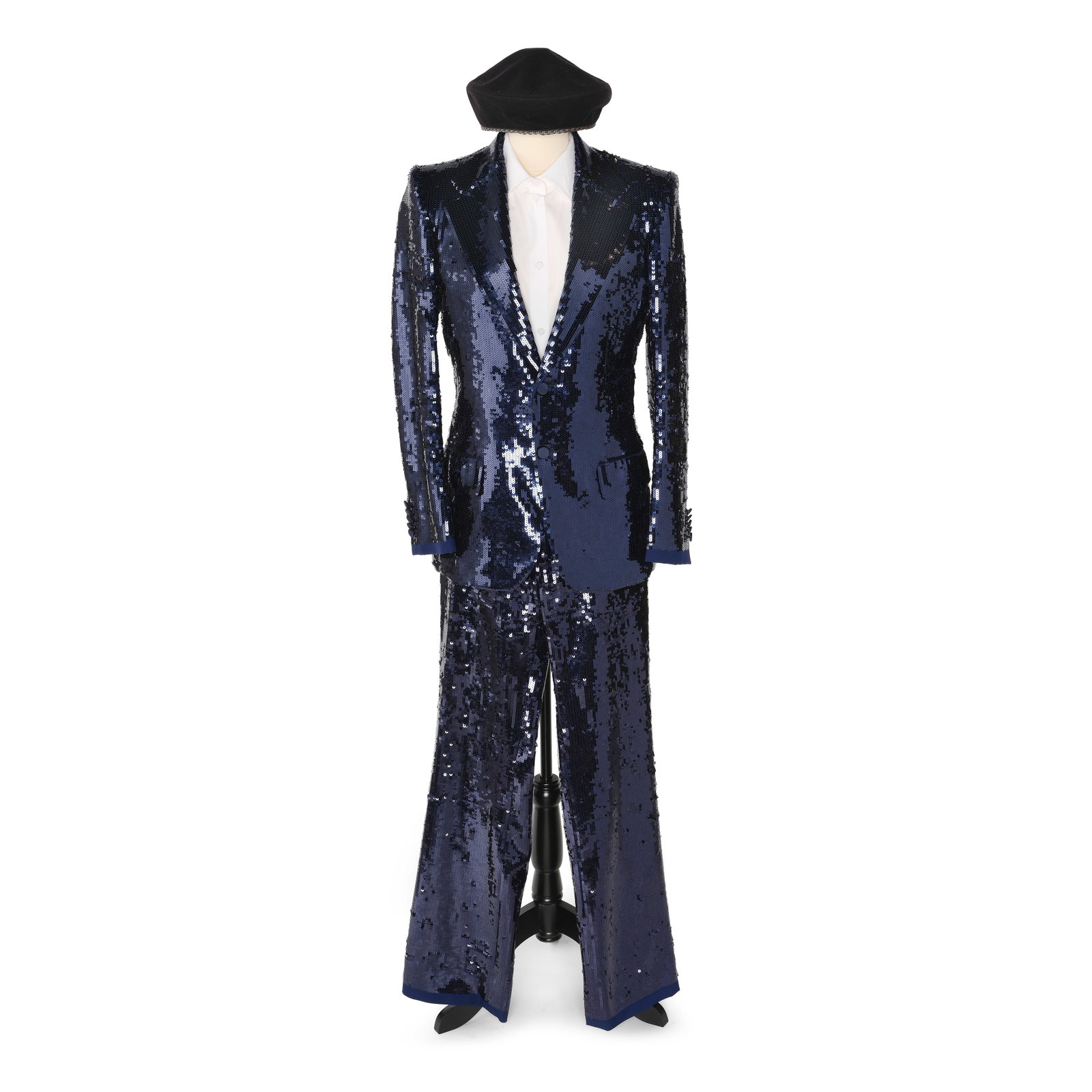 A CUSTOM GUCCI ENSEMBLE WORN AT THE 2021 LACMA ART + FILM GALA: A CUSTOM GUCCI ENSEMBLE WORN AT THE 2021 LACMA ART + FILM GALA Comprising a black felt ribbon trimmed beret and a two-piece blue sequin suit, together with a Gucci white button-down shirt. waist