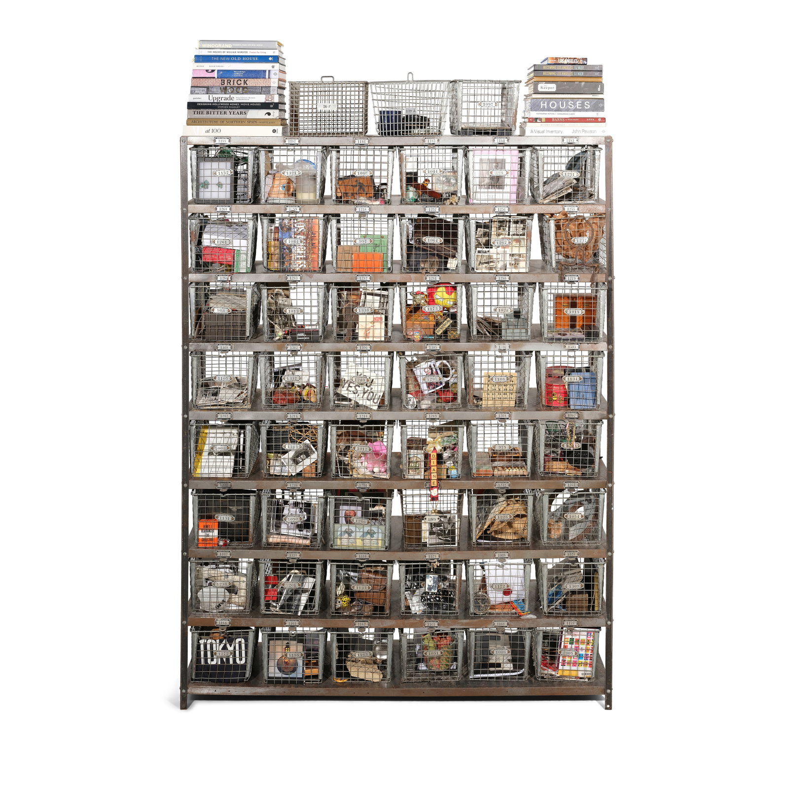 A CURATED INDUSTRIAL METAL STORAGE DRAWER CABINET OF COLLAGE MATERIALS, BOOKS, AND CURIOSITIES (1 of 1)