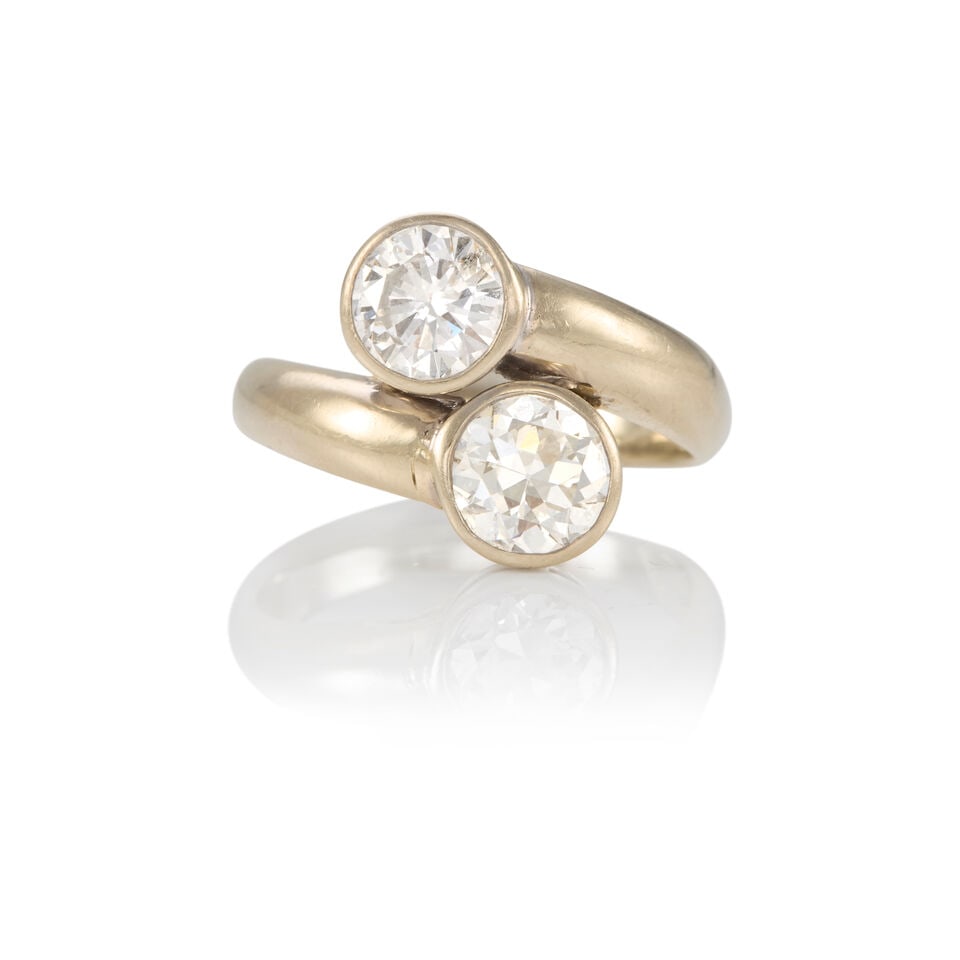 14K GOLD AND DIAMOND RING: 14K GOLD AND DIAMOND RING • 14K white gold • Two round brilliant diamonds weighing approximately 2.80 carats total • Size 11 1/4 • Estimated gross weight: 7.4