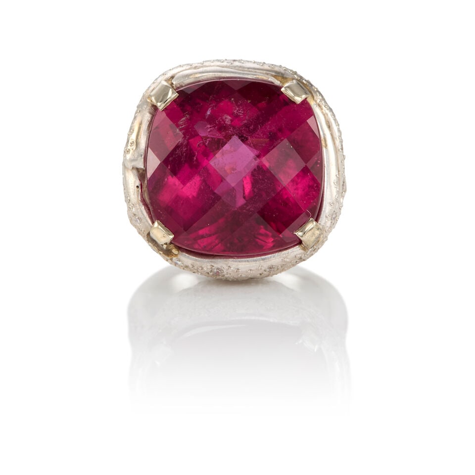 18K GOLD, TOURMALINE, AND DIAMOND RING: 18K GOLD, TOURMALINE, AND DIAMOND RING • 18K white gold • One square shaped tourmaline measuring approximately 16.46mm x 16.41mm x 9.70mm • Numerous round shaped diamonds weighing