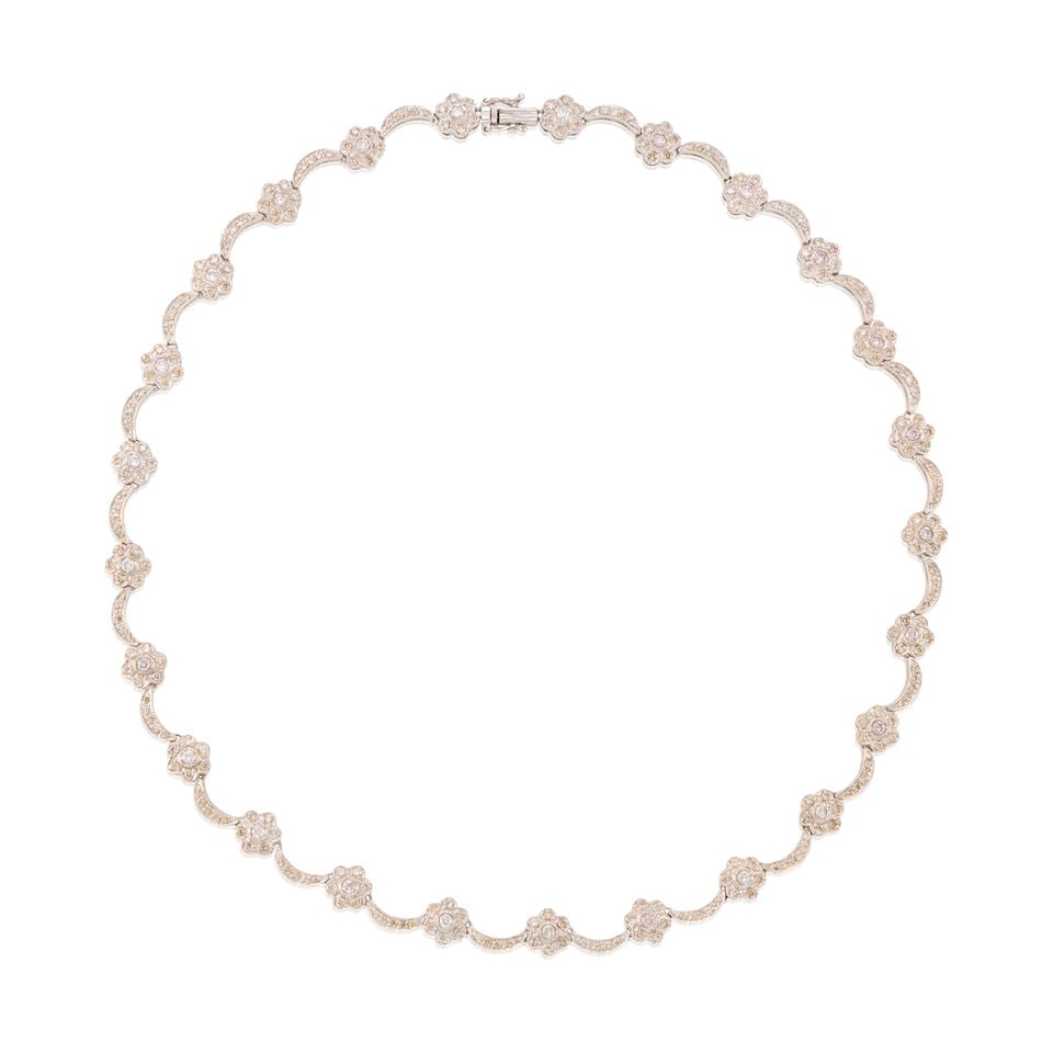 18K GOLD AND DIAMOND NECKLACE: 18K GOLD AND DIAMOND NECKLACE • 18K white gold • Numerous round brilliant diamonds weighing approximately 3.70 carats total • Length 16 1/2 in. • Estimated gross weight: 30.4