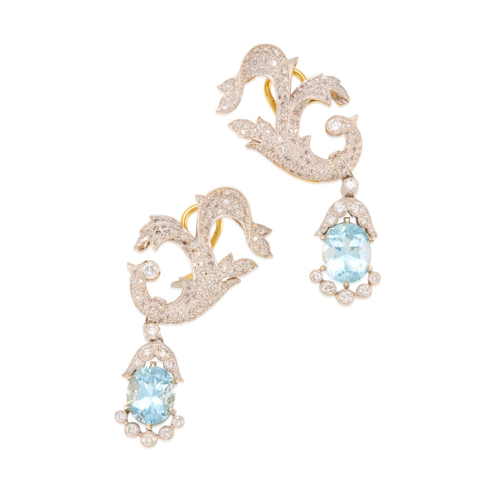 18K GOLD, AQUAMARINE, AND DIAMOND EARRINGS: 18K GOLD, AQUAMARINE, AND DIAMOND EARRINGS • 18K bicolored gold • Two oval shaped aquamarines measuring approximately 6 carats total • Numerous round brilliant cut diamonds weighing