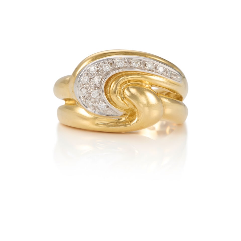 18K GOLD AND DIAMOND RING: 18K GOLD AND DIAMOND RING • 18K bicolored gold • Numerous round brilliant cut diamonds weighing approximately 0.13 carat total • Size 7 1/2 • Estimated gross weight: 9.1