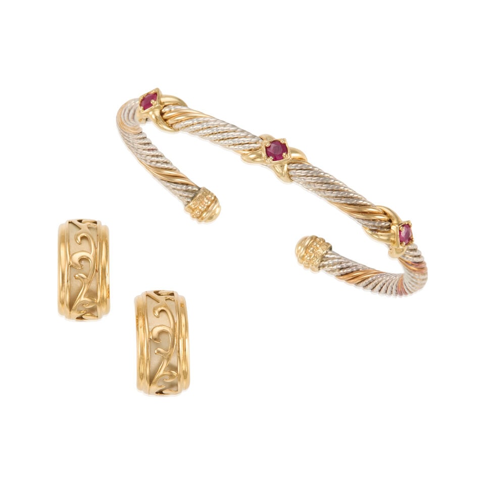 GOLD AND RUBY BANGLE AND EARRINGS: GOLD AND RUBY BANGLE AND EARRINGS • Pair of 15K yellow gold earrings, measures 3/4 in. x 7/16 in. • One 9K yellow gold and silver bangle with three round shaped rubies weighing