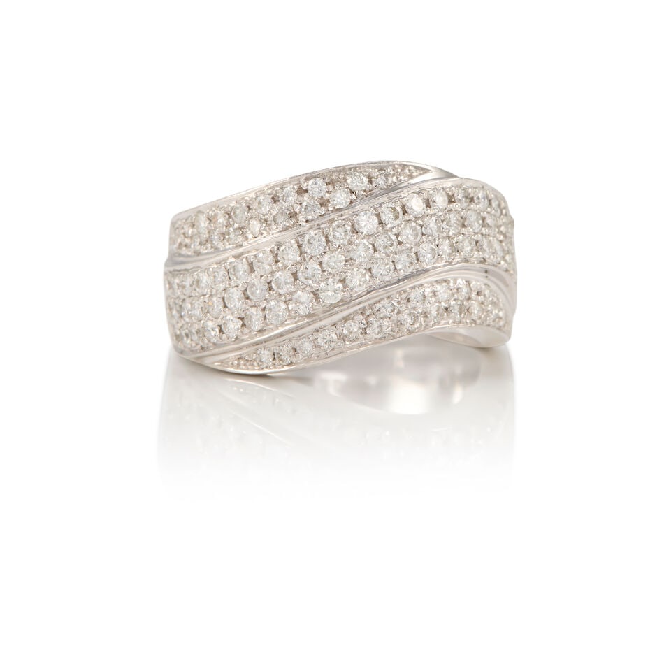 18K GOLD AND DIAMOND RING: 18K GOLD AND DIAMOND RING • 18K white gold • Numerous round brilliant diamonds weighing approximately 0.70 carat total • Size 7 1/2 • Estimated gross weight: 11.1 grams Footnot