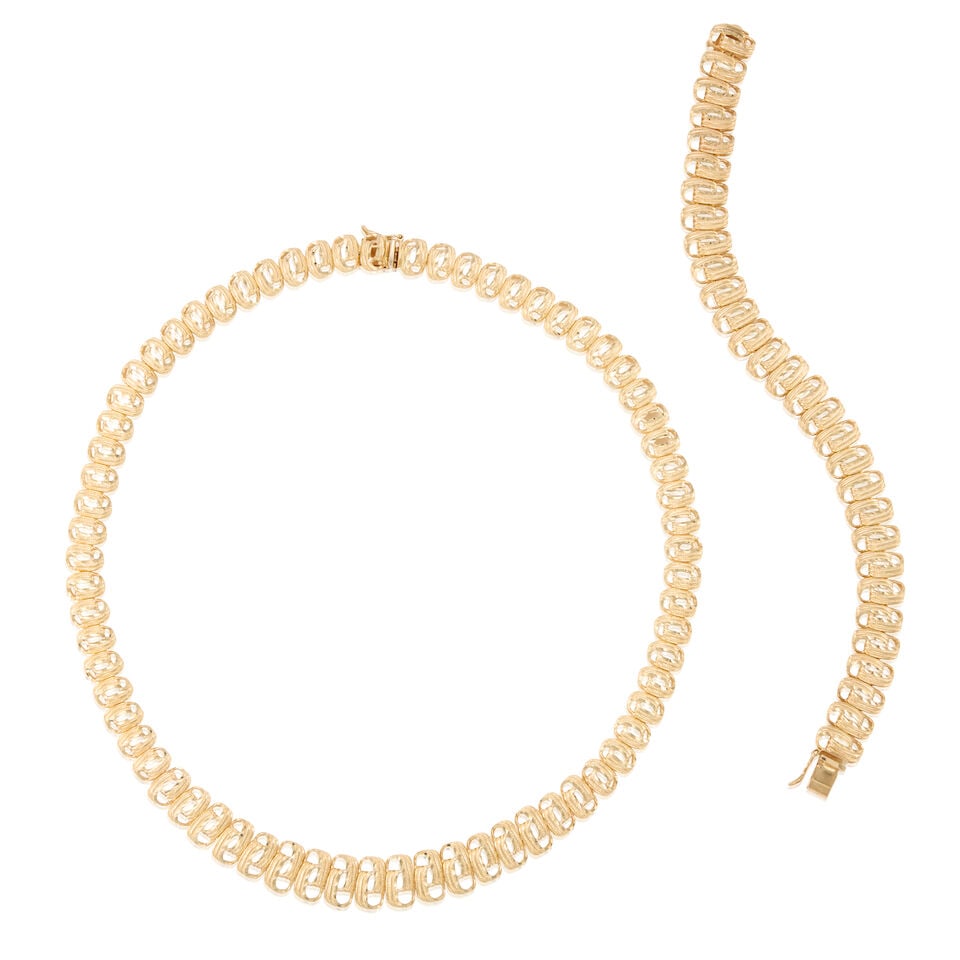14K GOLD NECKLACE AND BRACELET: 14K GOLD NECKLACE AND BRACELET • One 14k yellow gold bracelet, length 7 1/2 in. • One 14K yellow gold necklace, length 17 1/2 in. • Estimated gross weight: 65.0