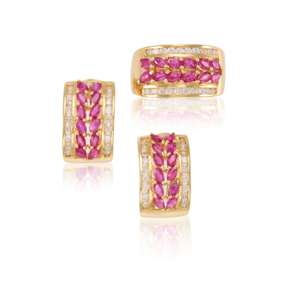 14K GOLD, RUBY, AND DIAMOND RING AND EARRINGS: 14K GOLD, RUBY, AND DIAMOND RING AND EARRINGS • One 14K yellow gold ring with twelve marquise shaped rubies weighing approximately 0.80 carat total, with numerous round brilliant cut diamonds