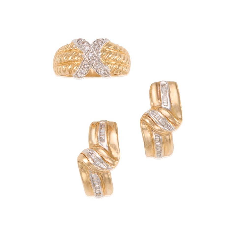 GOLD AND DIAMOND EARRING AND RING: GOLD AND DIAMOND EARRING AND RING • One 14K bicolored gold ring with thirteen round brilliant cut diamonds weighing approximately 0.13 carat total, size 7 • Pair of 10K yellow gold earring