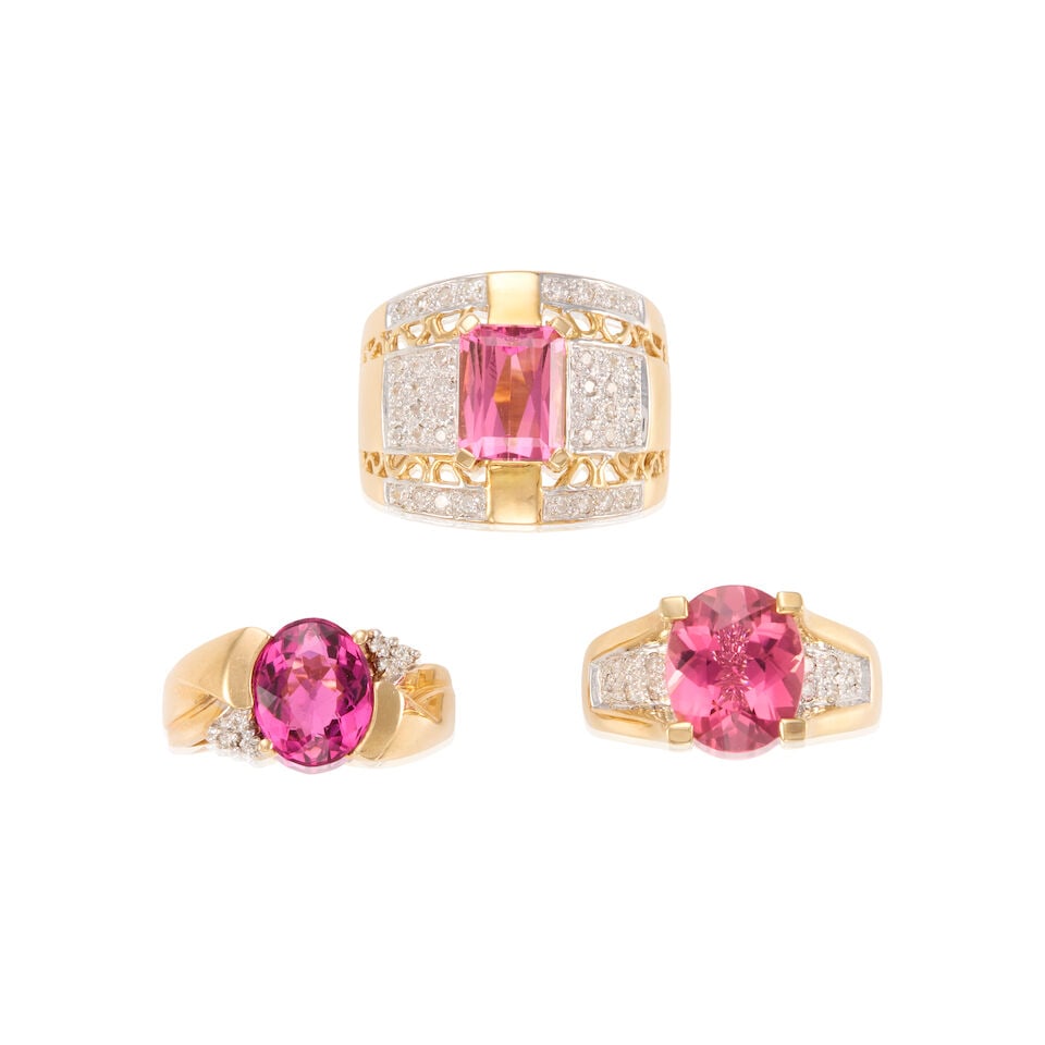 14K GOLD, TOURMALINE, AND DIAMOND RINGS: 14K GOLD, TOURMALINE, AND DIAMOND RINGS • One 14K yellow gold ring with an emerald cut tourmaline weighing approximately 2.30 carats, with numerous round shaped diamonds weighing approximately