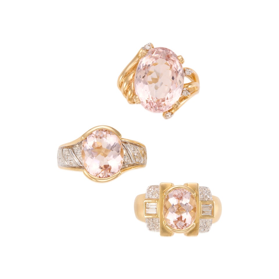 14K GOLD, MORGANITE, AND DIAMOND RINGS: 14K GOLD, MORGANITE, AND DIAMOND RINGS • One 14K yellow gold ring with an oval shaped morganite weighing approximately 3.80 carats, with numerous round shaped diamonds weighing approximately