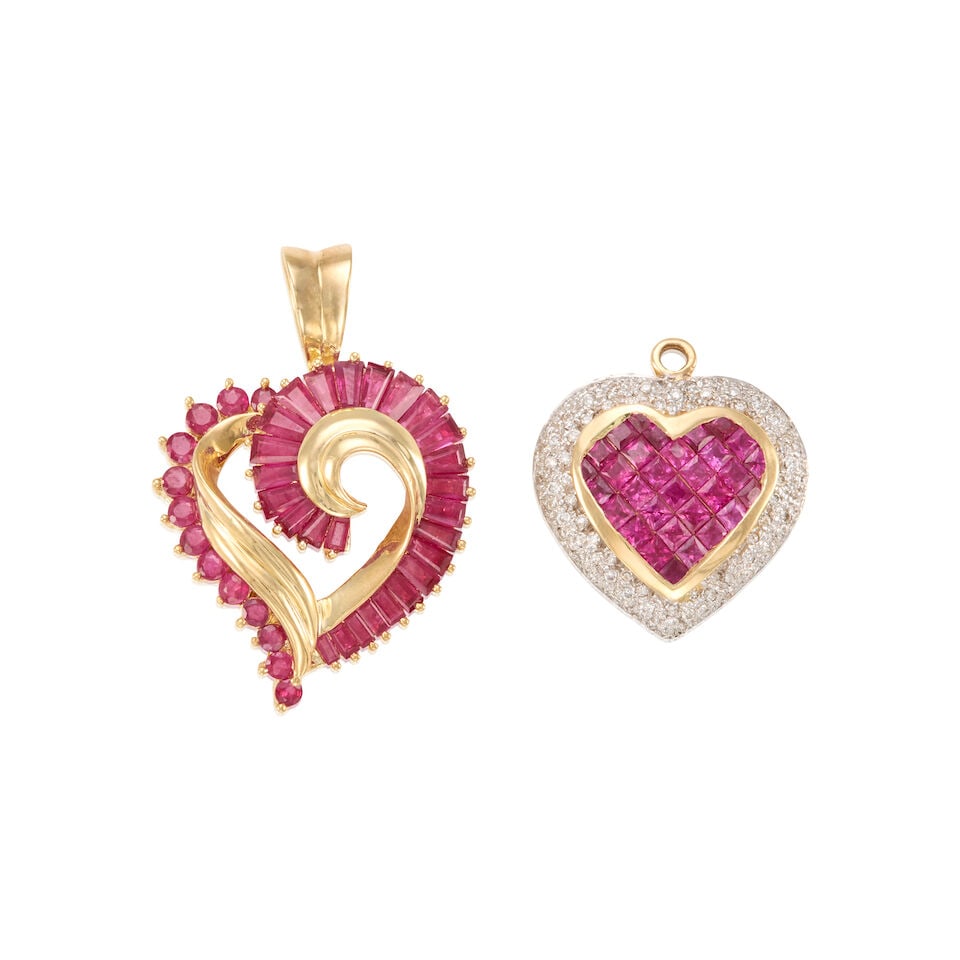 14K GOLD, RUBY, AND DIAMOND PENDANTS: 14K GOLD, RUBY, AND DIAMOND PENDANTS • One 14K yellow gold pendant with round and rectangular shaped rubies weighing approximately 1 carat total, measures 1 1/2 in. x 1 in. • One 14K