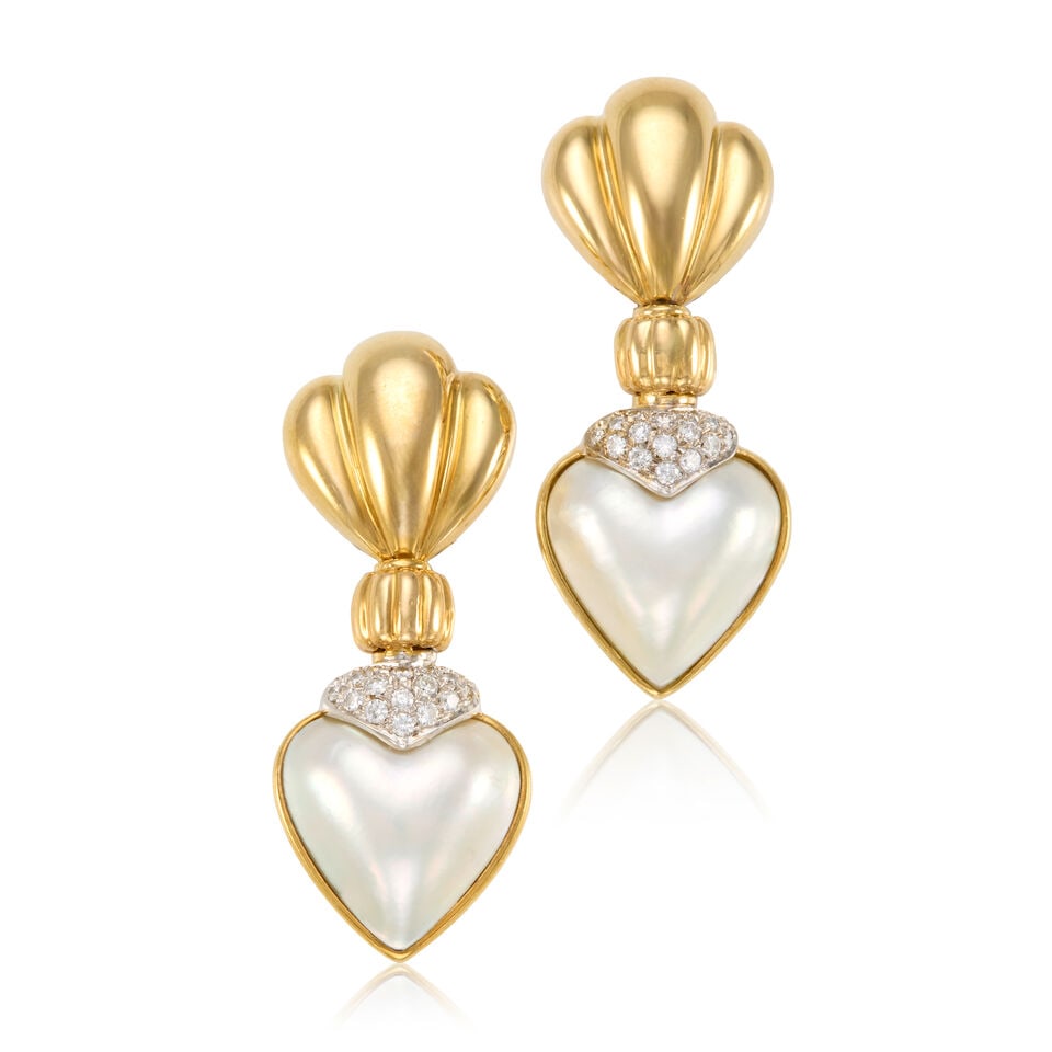 18K GOLD, CULTURED PEARL, AND DIAMOND EARRINGS: 18K GOLD, CULTURED PEARL, AND DIAMOND EARRINGS • 18K yellow gold • Two cultured pearls in the shape of a heart, measuring approximately 15.30mm x 18.41mm x 6.28mm • Numerous round