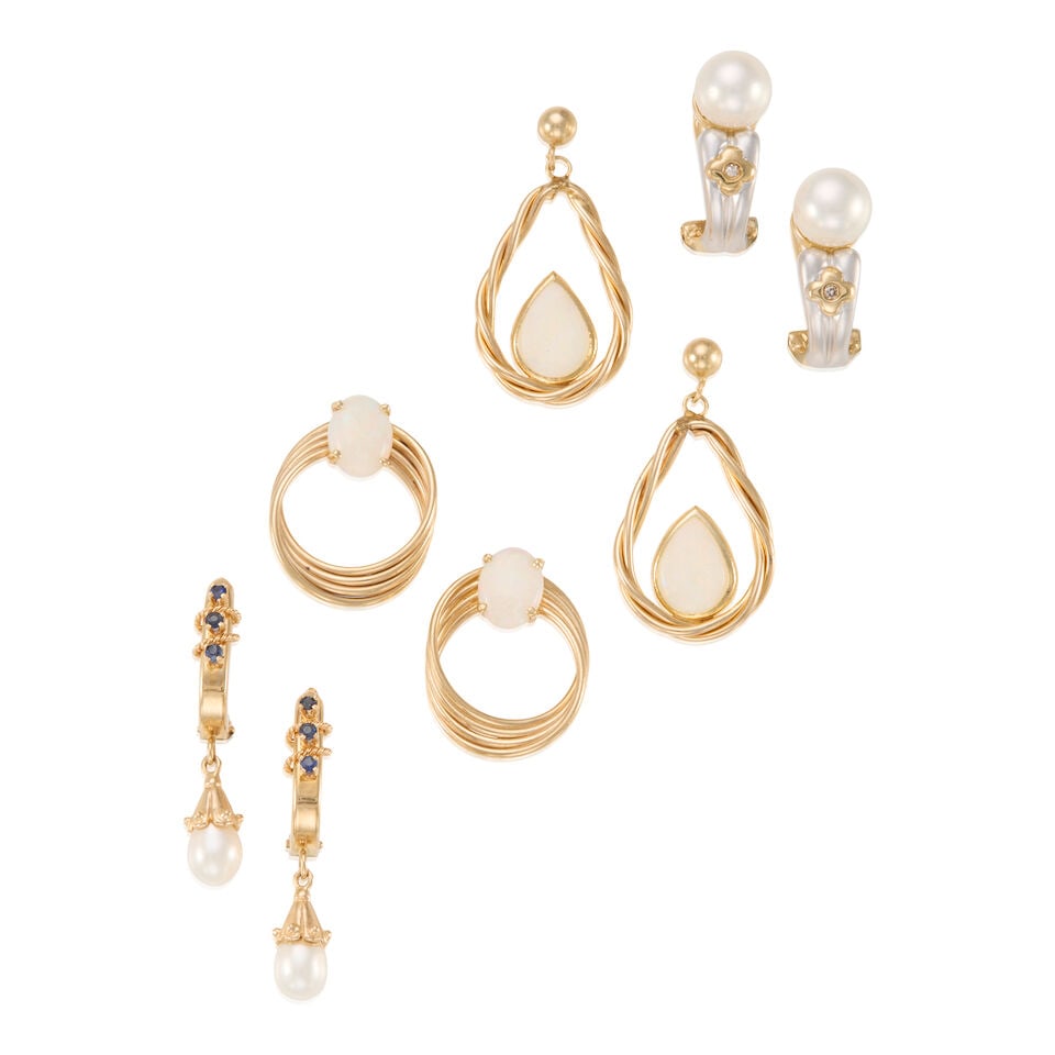 14K GOLD, OPAL, AND CULTURED PEARL EARRINGS: 14K GOLD, OPAL, AND CULTURED PEARL EARRINGS • One pair of 14K yellow gold earrings with two oval shaped opals measuring approximately 8.17mm x 6.19mm x 2.58mm, measures 13/16 in. x 5/8 in.