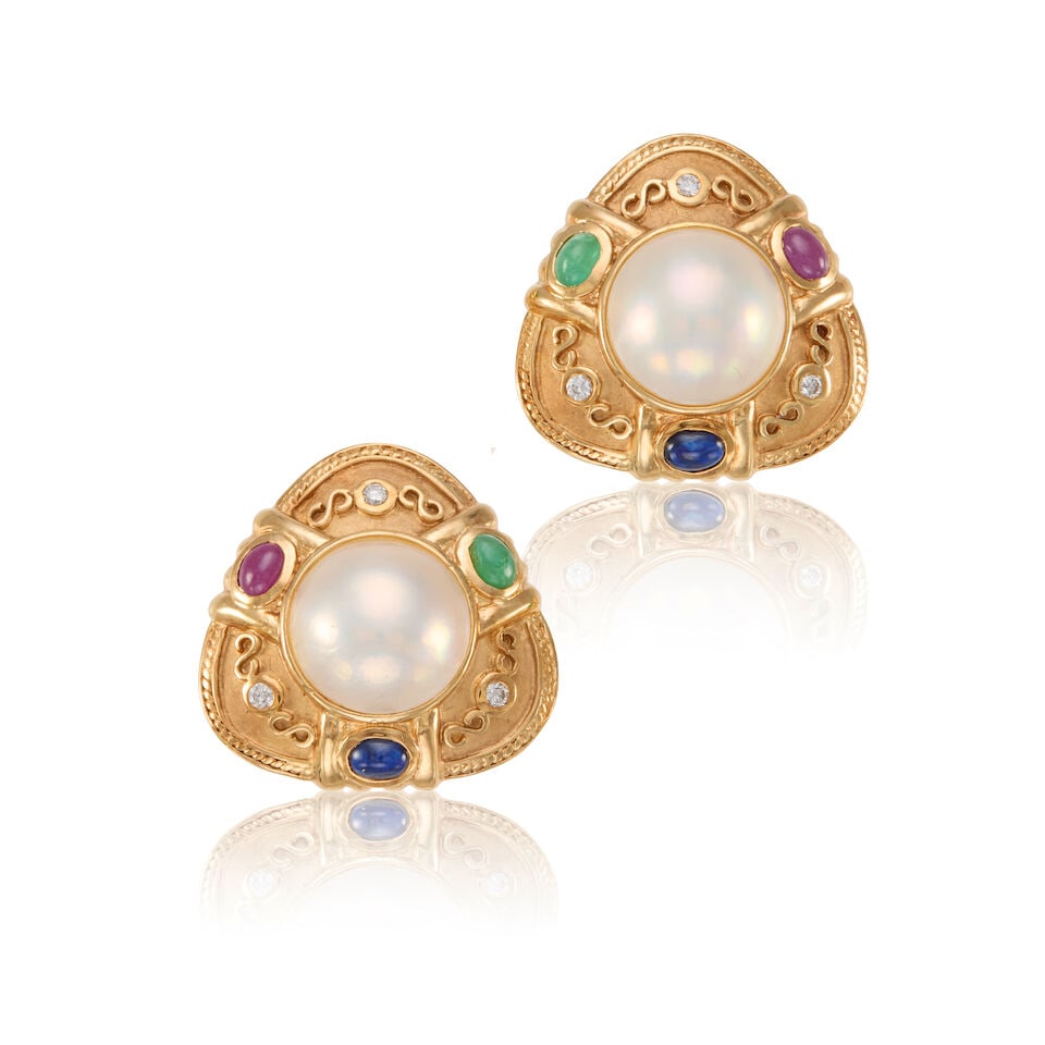 14K GOLD, GEMSTONE, AND CULTURED PEARL EARRINGS: 14K GOLD, GEMSTONE, AND CULTURED PEARL EARRINGS • 14K yellow gold • Two cultured pearls measuring approximately 11.86mm in diameter • Two emerald, two sapphire, and two ruby cabochon