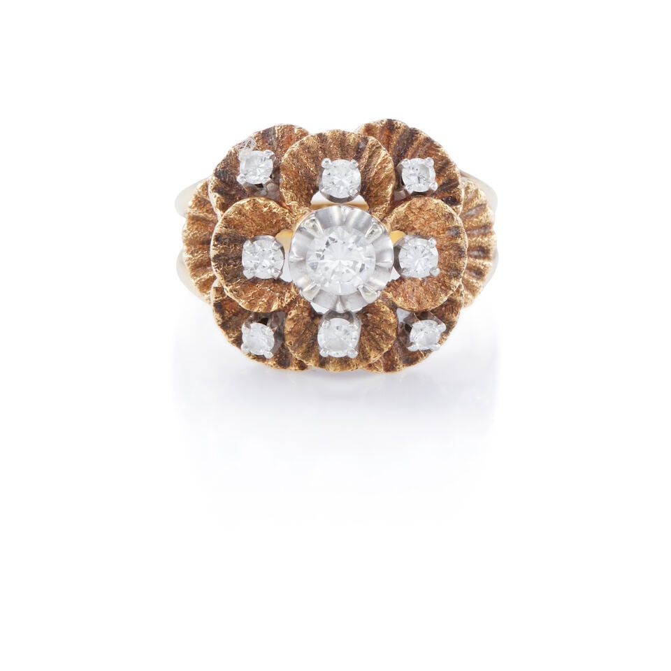 14K GOLD AND DIAMOND RING: 14K GOLD AND DIAMOND RING • 14K yellow gold • Nine round brilliant diamonds weighing approximately 0.30 carat total • Size 6 3/4 • Estimated gross weight: 6.5